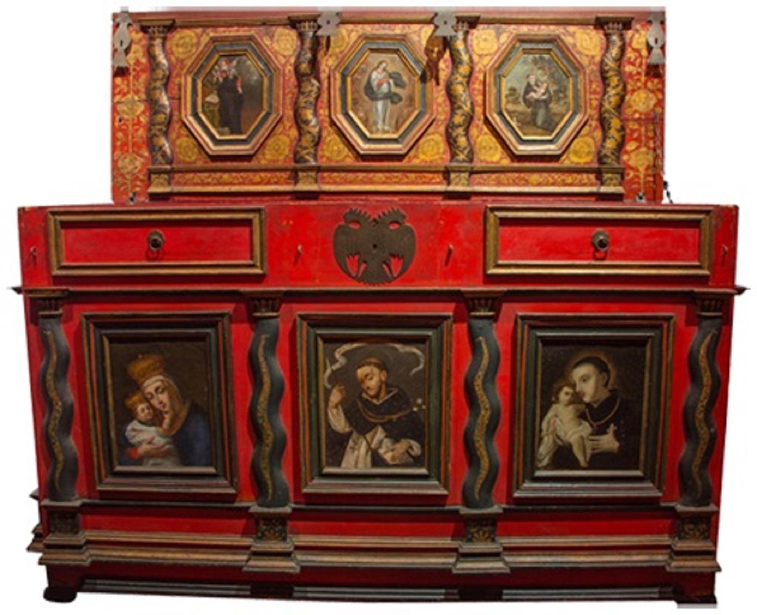 Travel altar with eight paintings depicting Saint Augustine, the Immaculate Virgin, Saint Anthony with a child, Saint Louis Gonzalez in Santo Domingo, the Virgin with a child, the ecce Homo and a saint.
17th century Mexican school it is made of