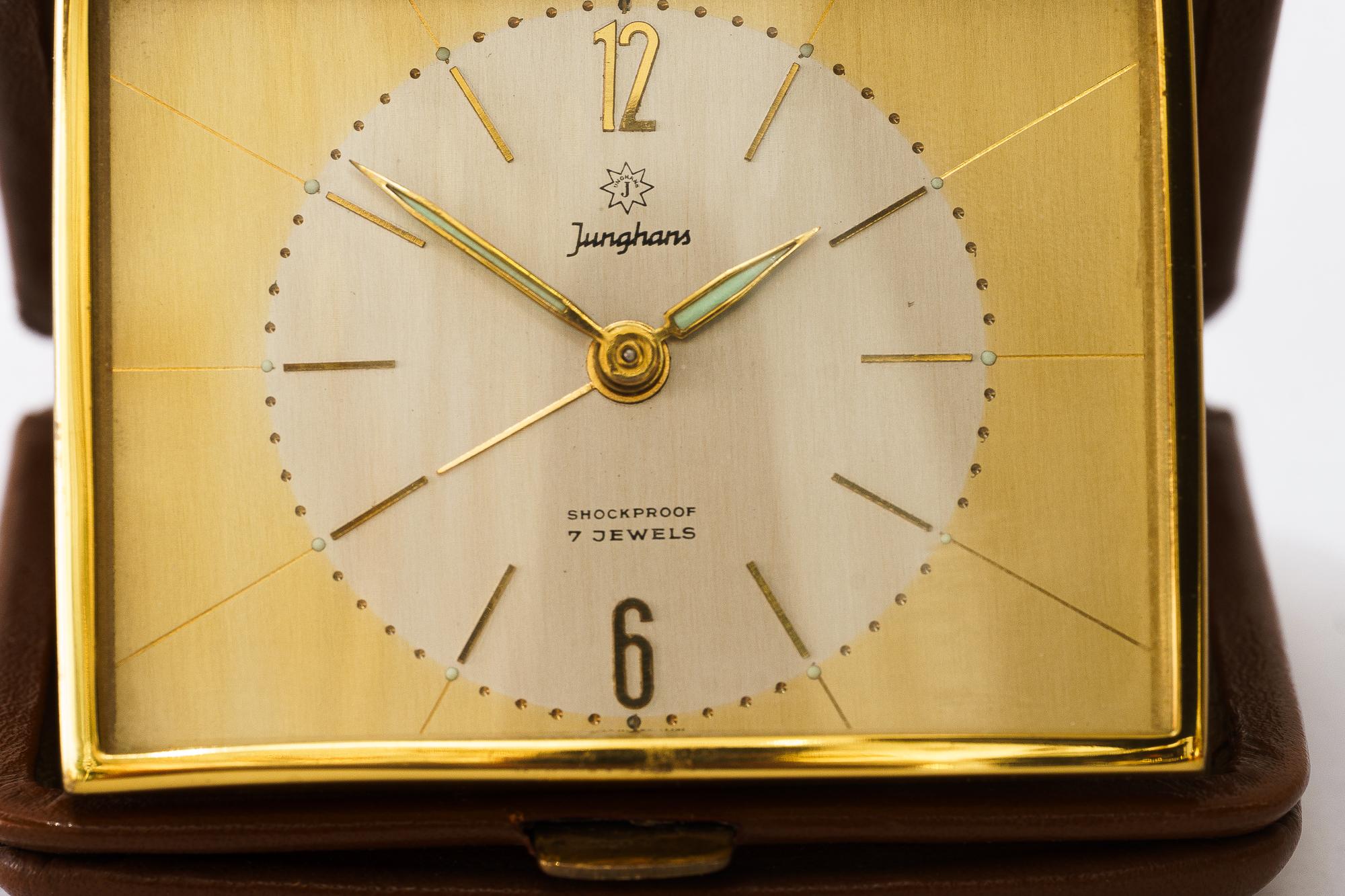 Metal Travel leather Alarm Clock by Junghans, circa 1960s For Sale