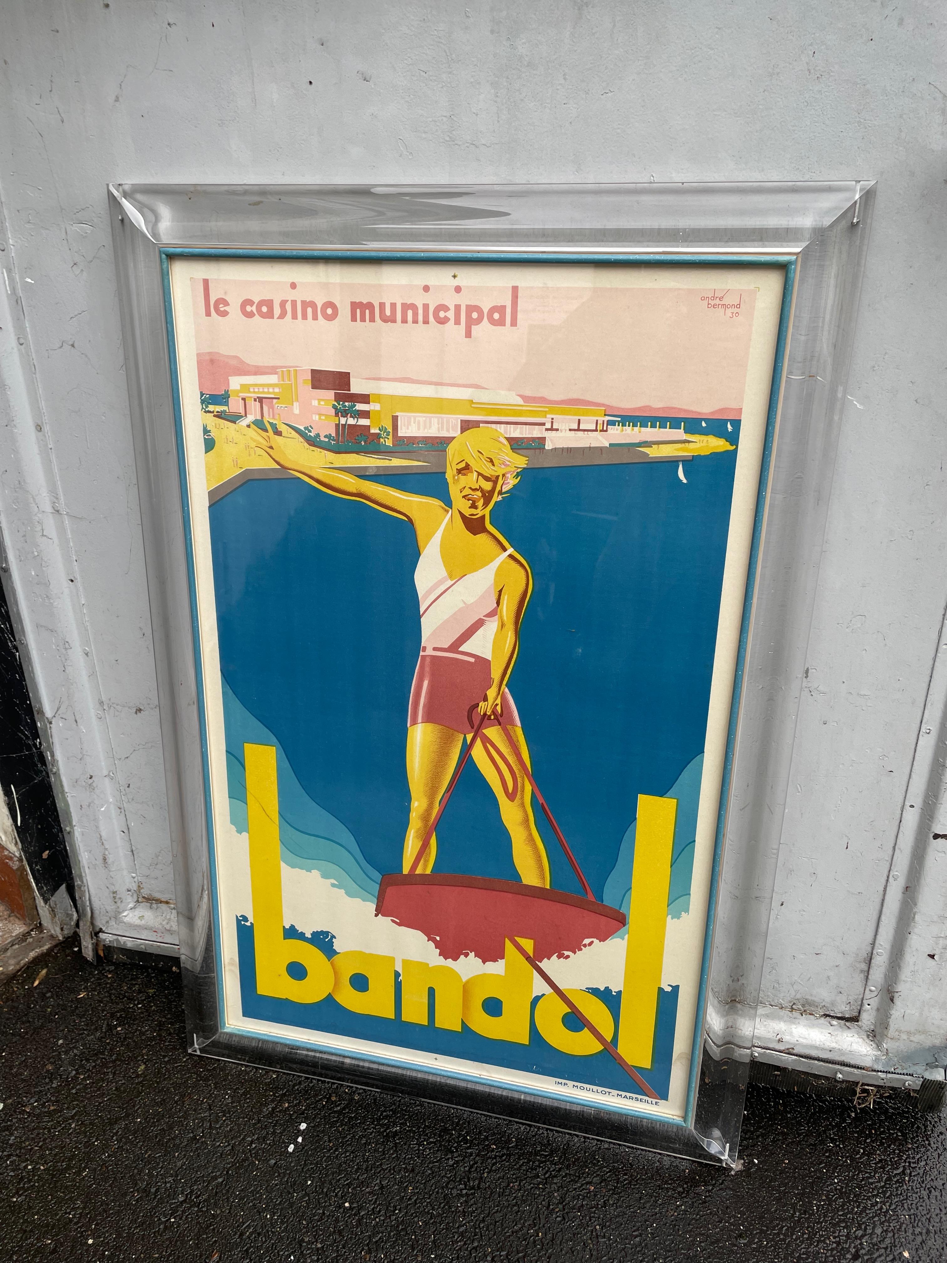 Plexiglas Affiche de voyage Bandol Le Casino Municipal A.Bermond. France 1930. Encadré. en vente