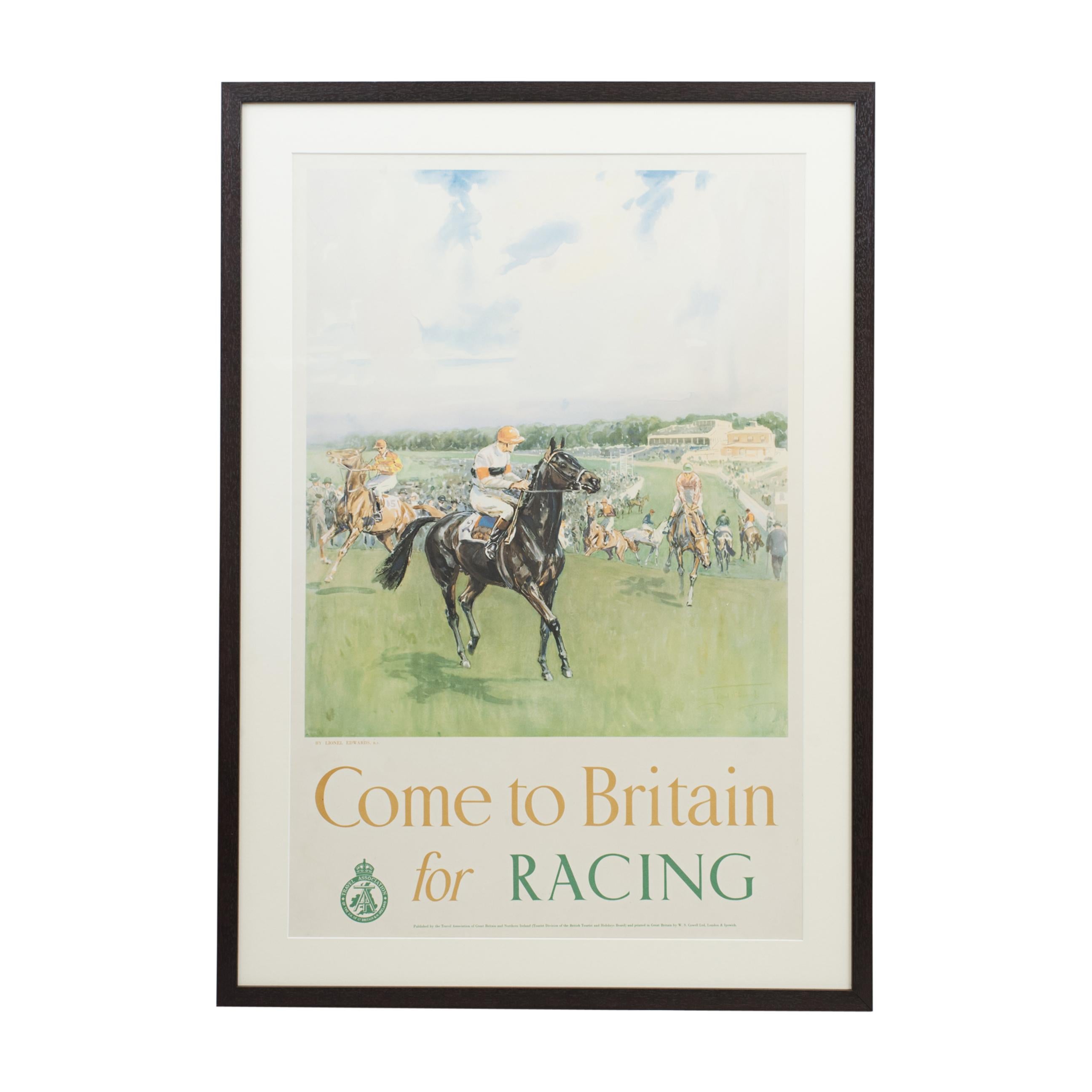Original travel poster come to Britain for racing by Lionel Edwards.
A striking horse racing poster by Lionel Edwards entitled 'Come to Britain for Racing'. The Travel Association of Great Britain and Northern Ireland published the chromolithograph