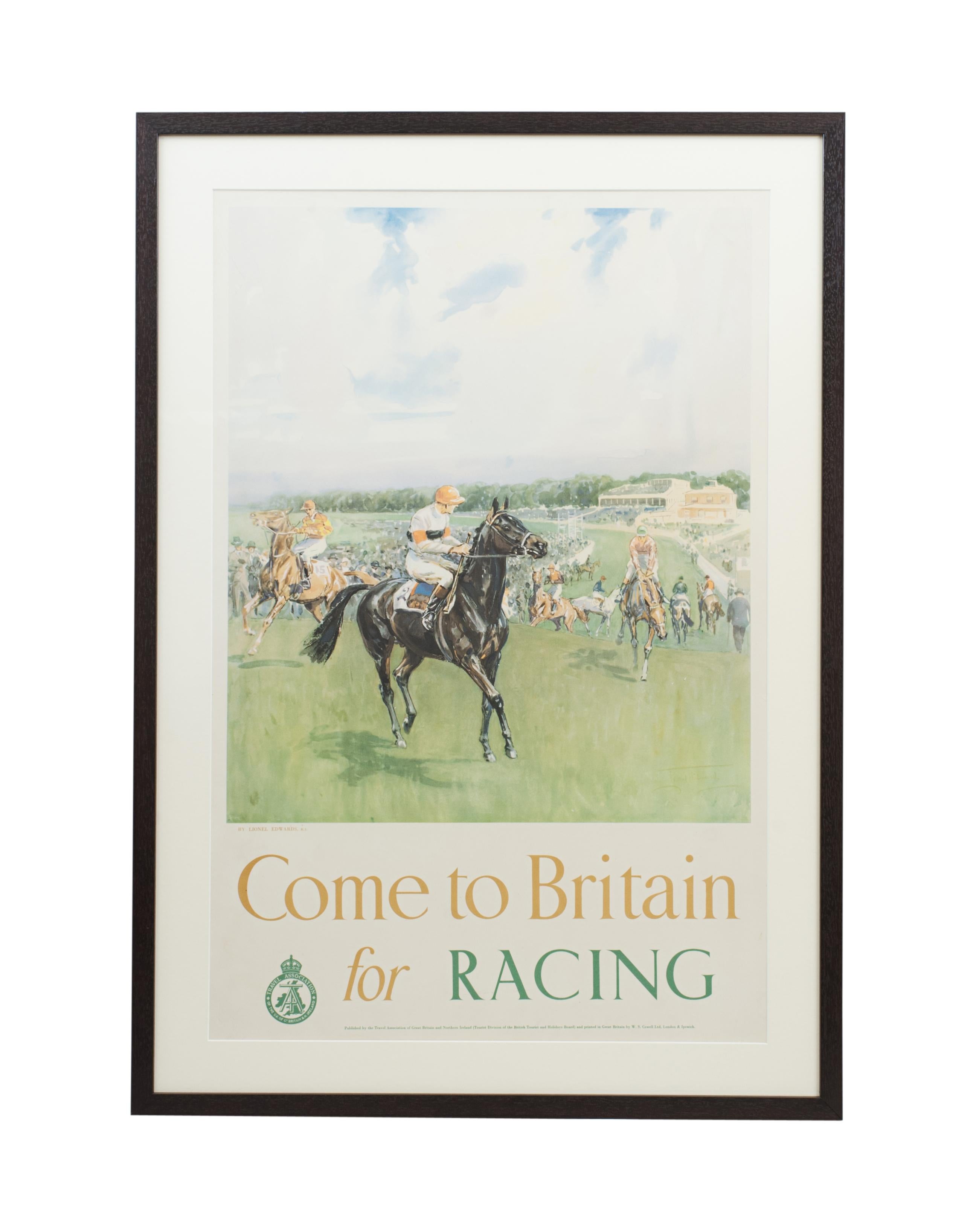 Cartel de Viaje Original Come To Britain For Racing Por Lionel Edwards.
Un llamativo cartel de carreras de caballos de Lionel Edwards titulado 