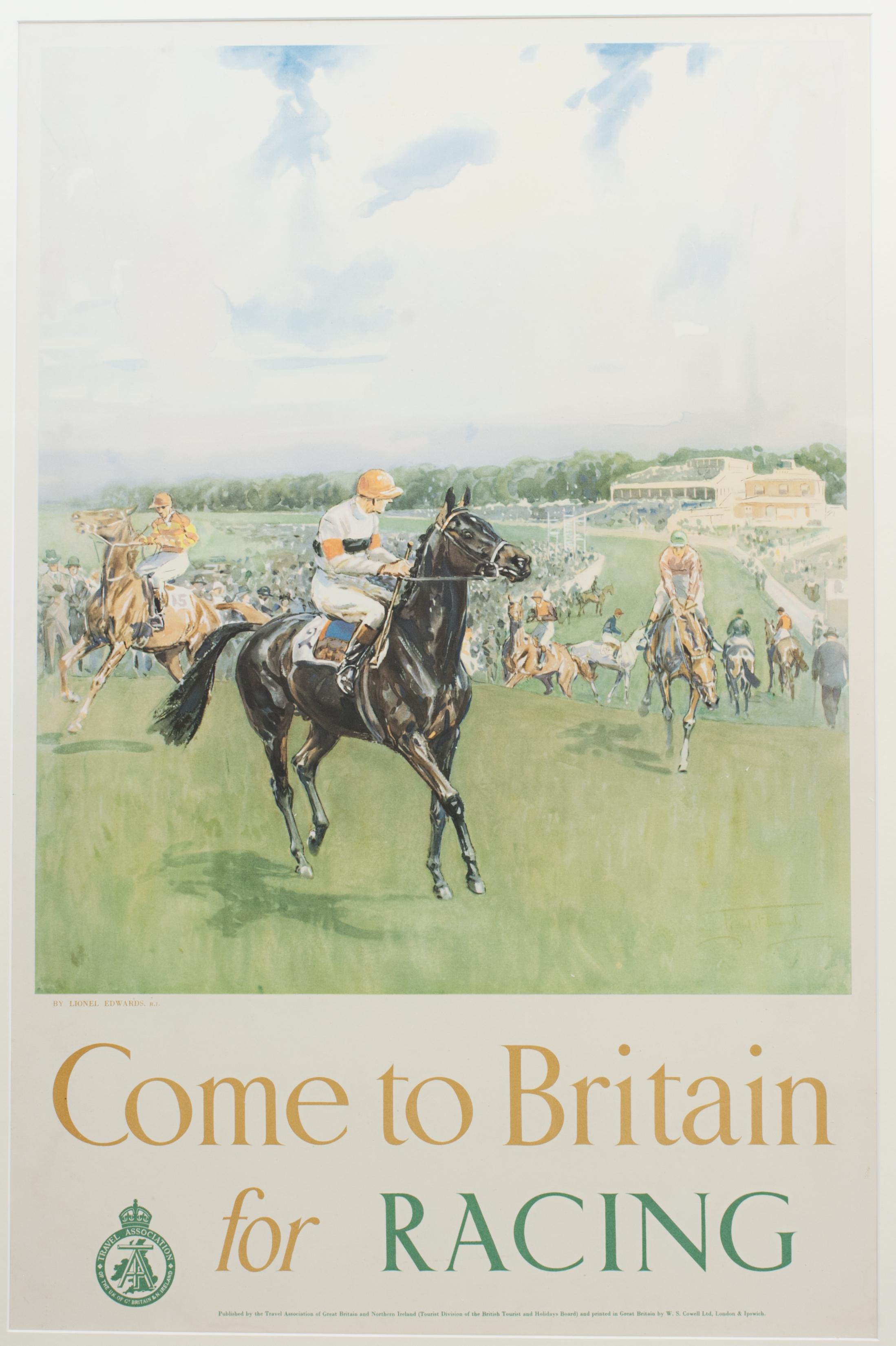 English Travel Poster by Lionel Edwards, Come to Britain for Racing Poster For Sale