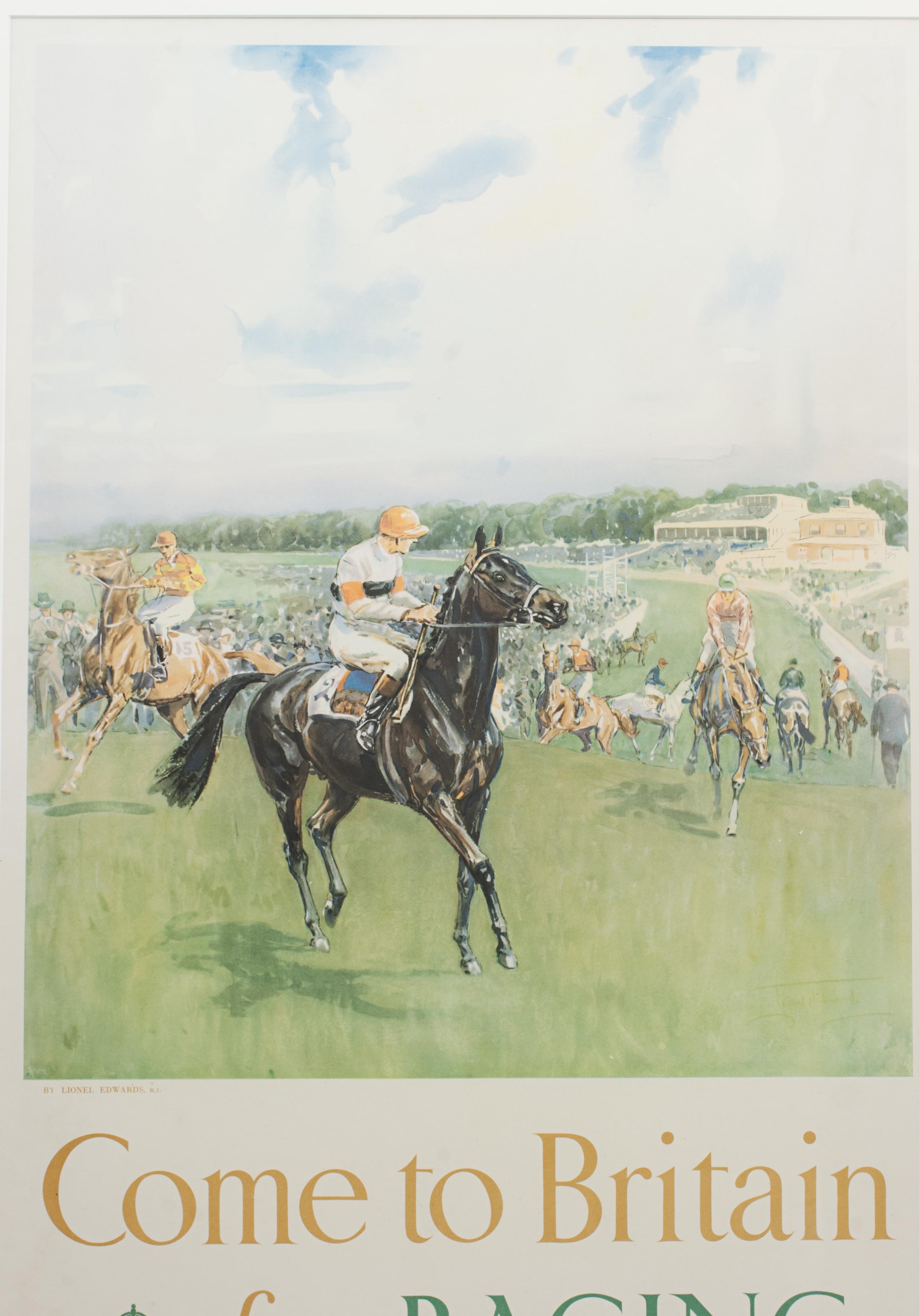 Travel Poster by Lionel Edwards, Come to Britain for Racing Poster In Good Condition In Oxfordshire, GB