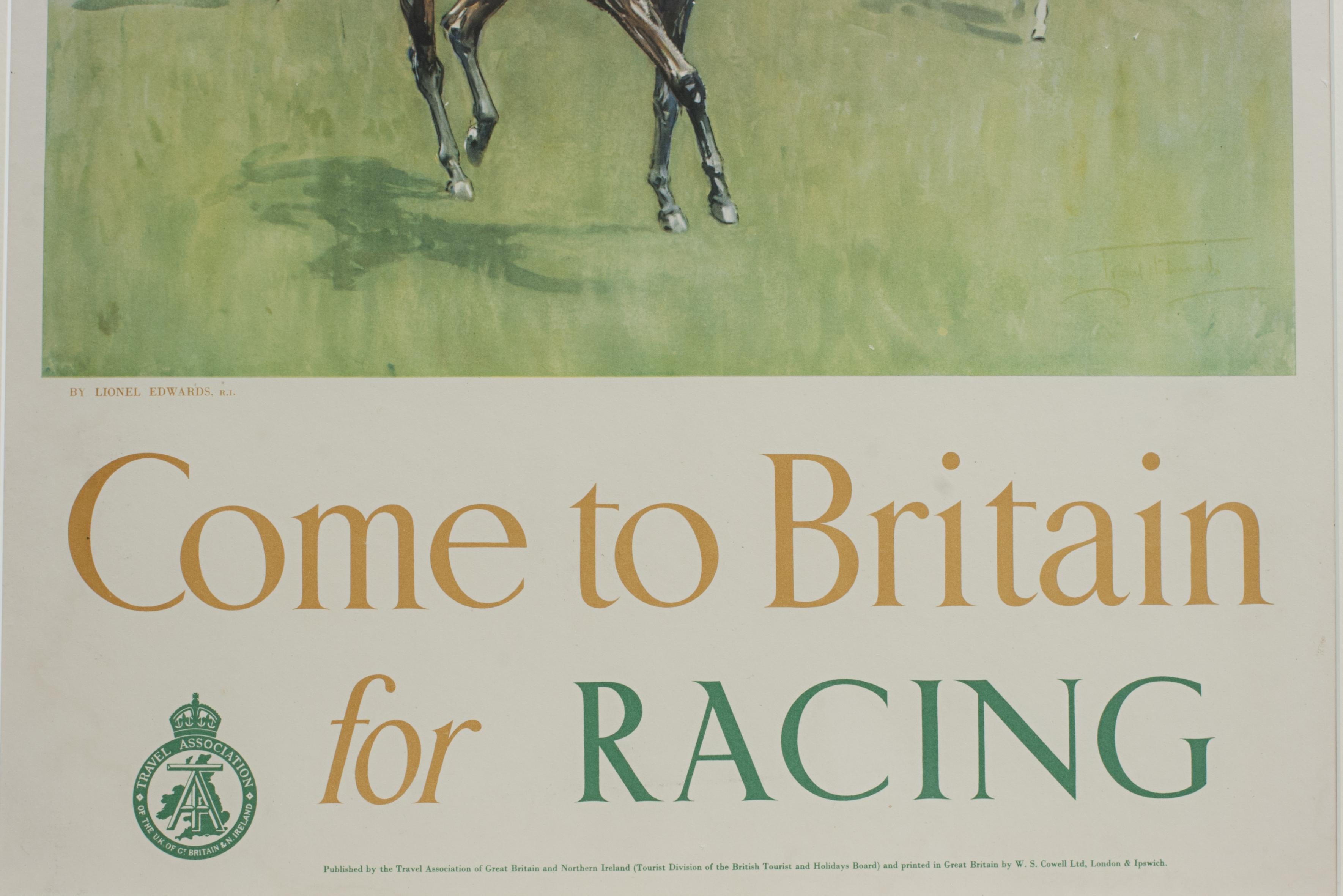 Paper Travel Poster by Lionel Edwards, Come to Britain for Racing Poster For Sale
