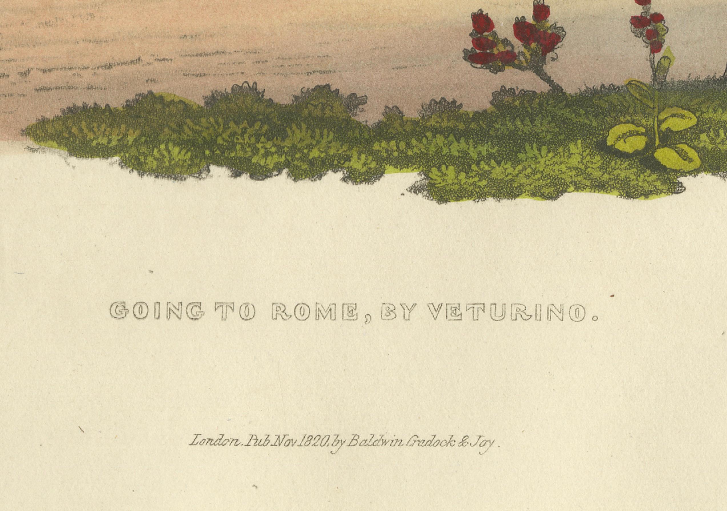 Gravure de voyage : Aller à Rome par Vetturino, gravure à la main des années 1820

Cette ravissante gravure coloriée à la main représente une scène animée intitulée 