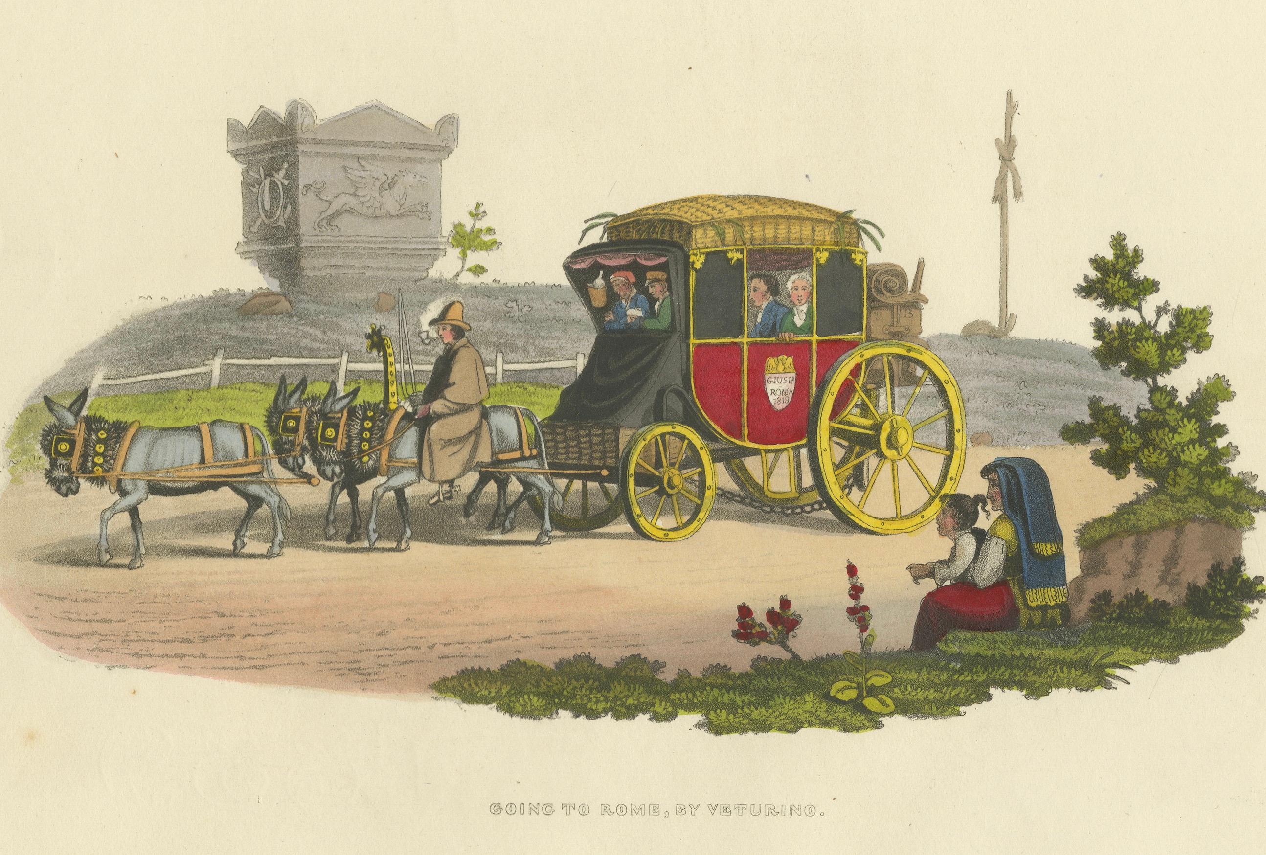 Gravure de voyage : Aller à Rome par Vetturino, gravure à la main des années 1820 en vente 2