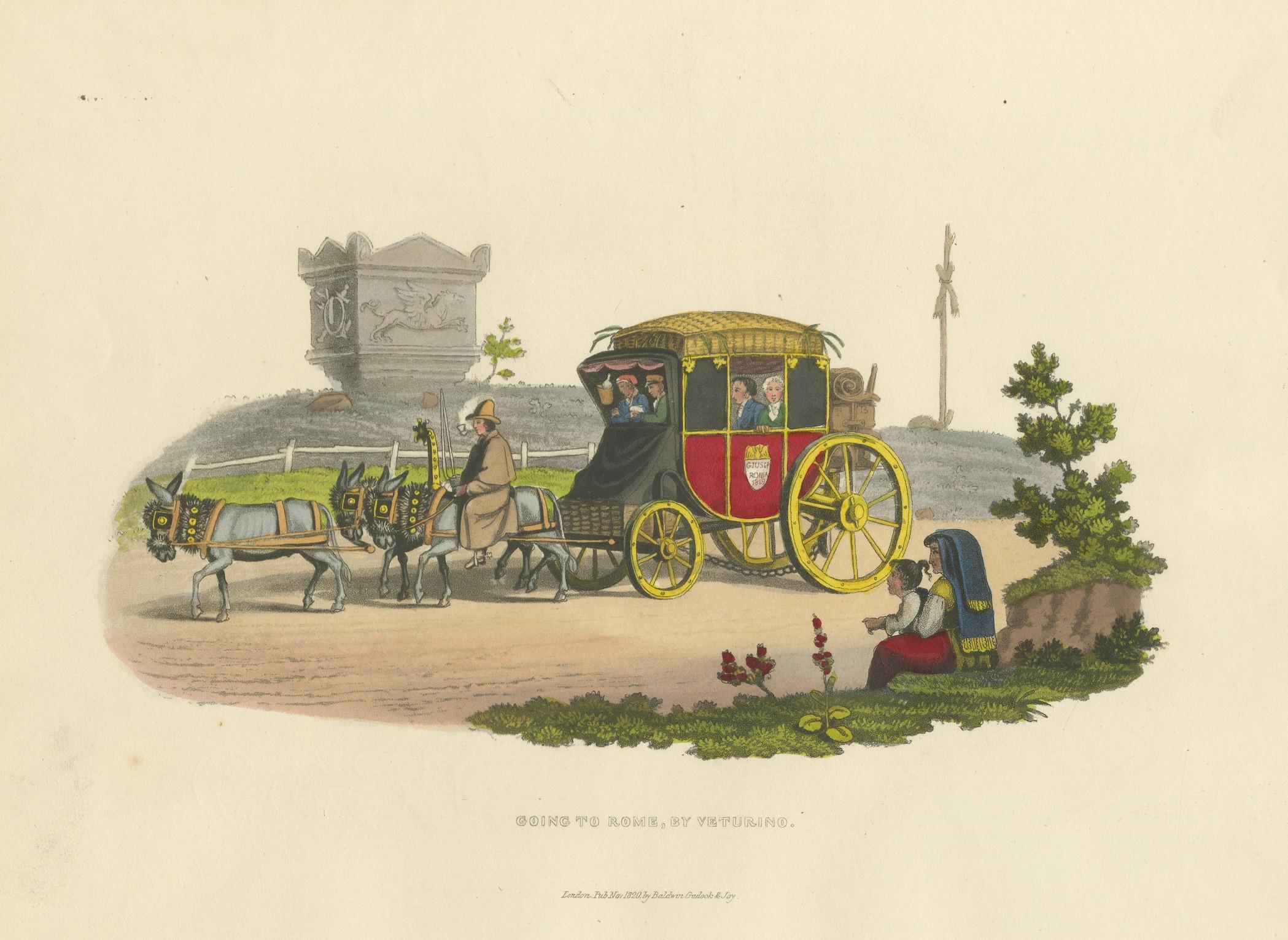 Gravure de voyage : Aller à Rome par Vetturino, gravure à la main des années 1820 en vente 3
