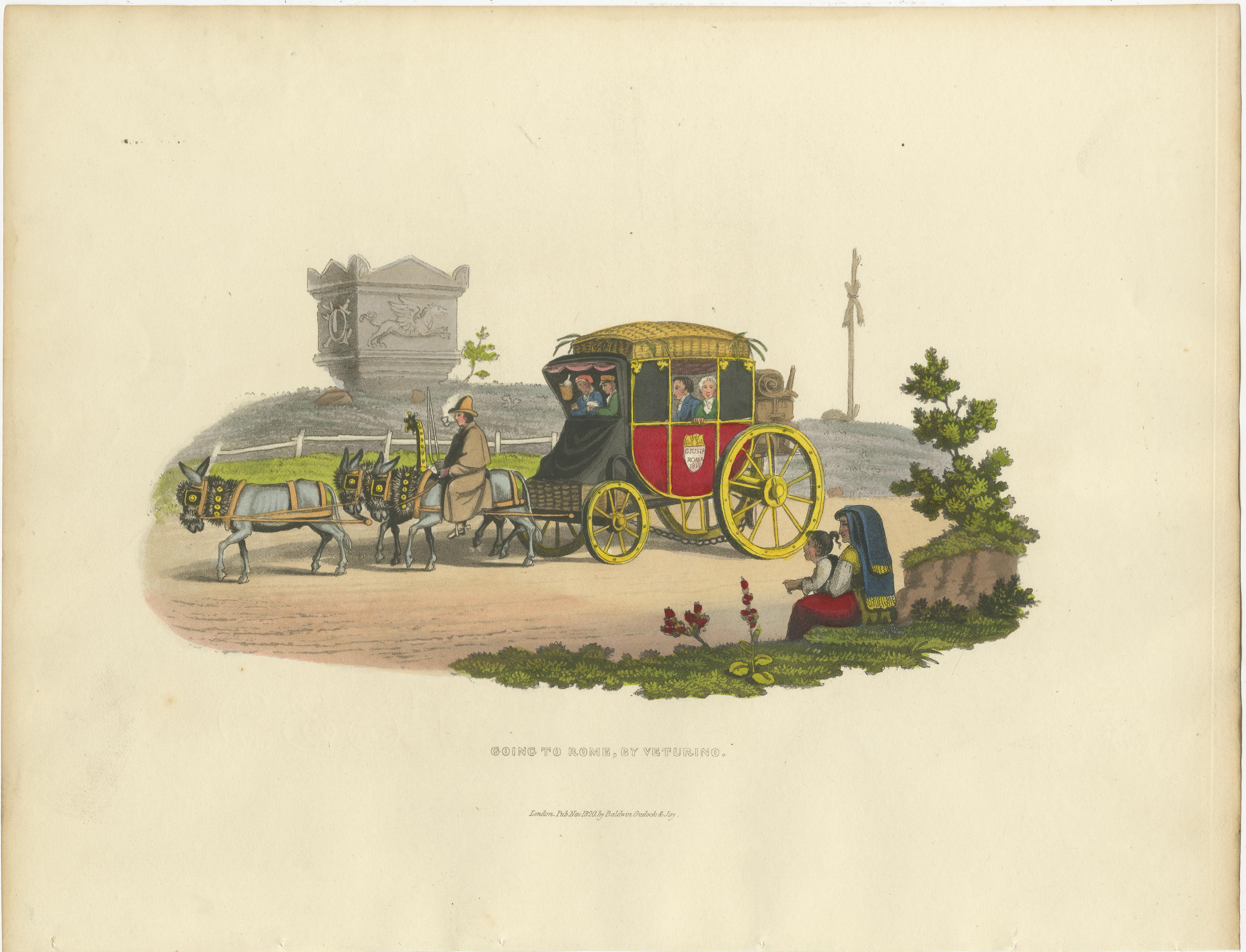 Gravure de voyage : Aller à Rome par Vetturino, gravure à la main des années 1820 en vente 4