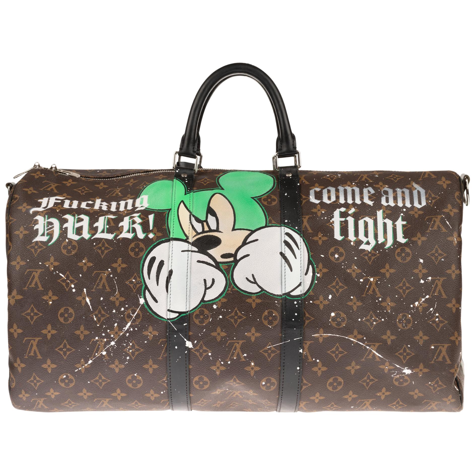 Amazing Travel/Sport bag Louis Vuitton Keepall 55 cm in Monogram canvas customized by the trendy artist of Street Art Patbo entitled 
