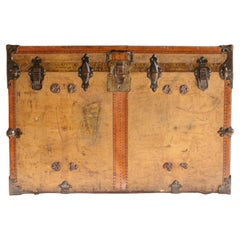 Antique Travel Trunk with Brass Fittings, with Leather Edges, Spain, Late 19th Century