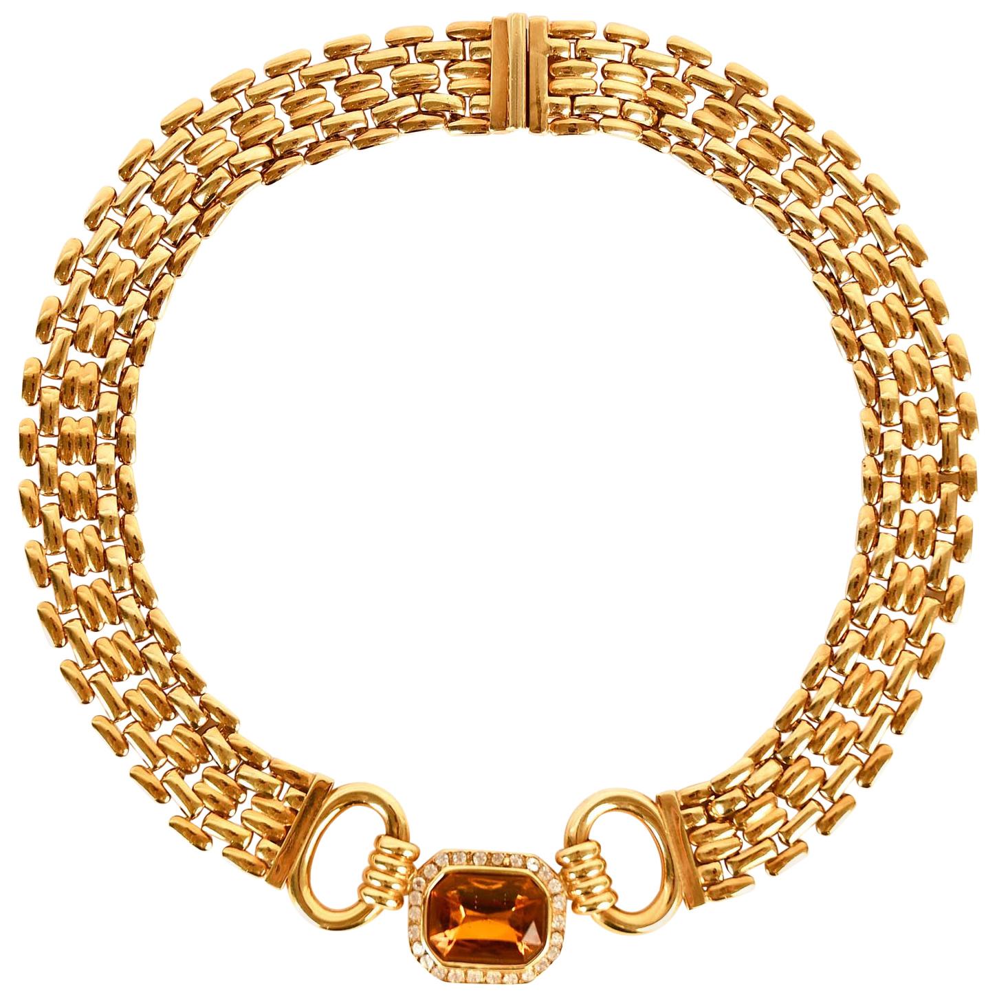 Traveller Bijoux Cascio 1970s Gold Plated Amber Strass Gilted Necklace, Italy