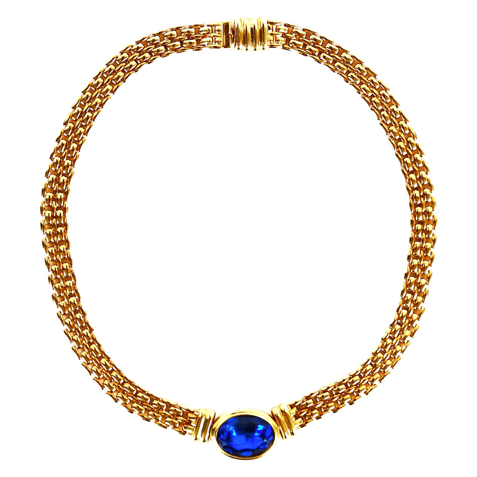 Traveller Bijoux Cascio 1970s Gold Plated Blue Strass Gilted Necklace Italy