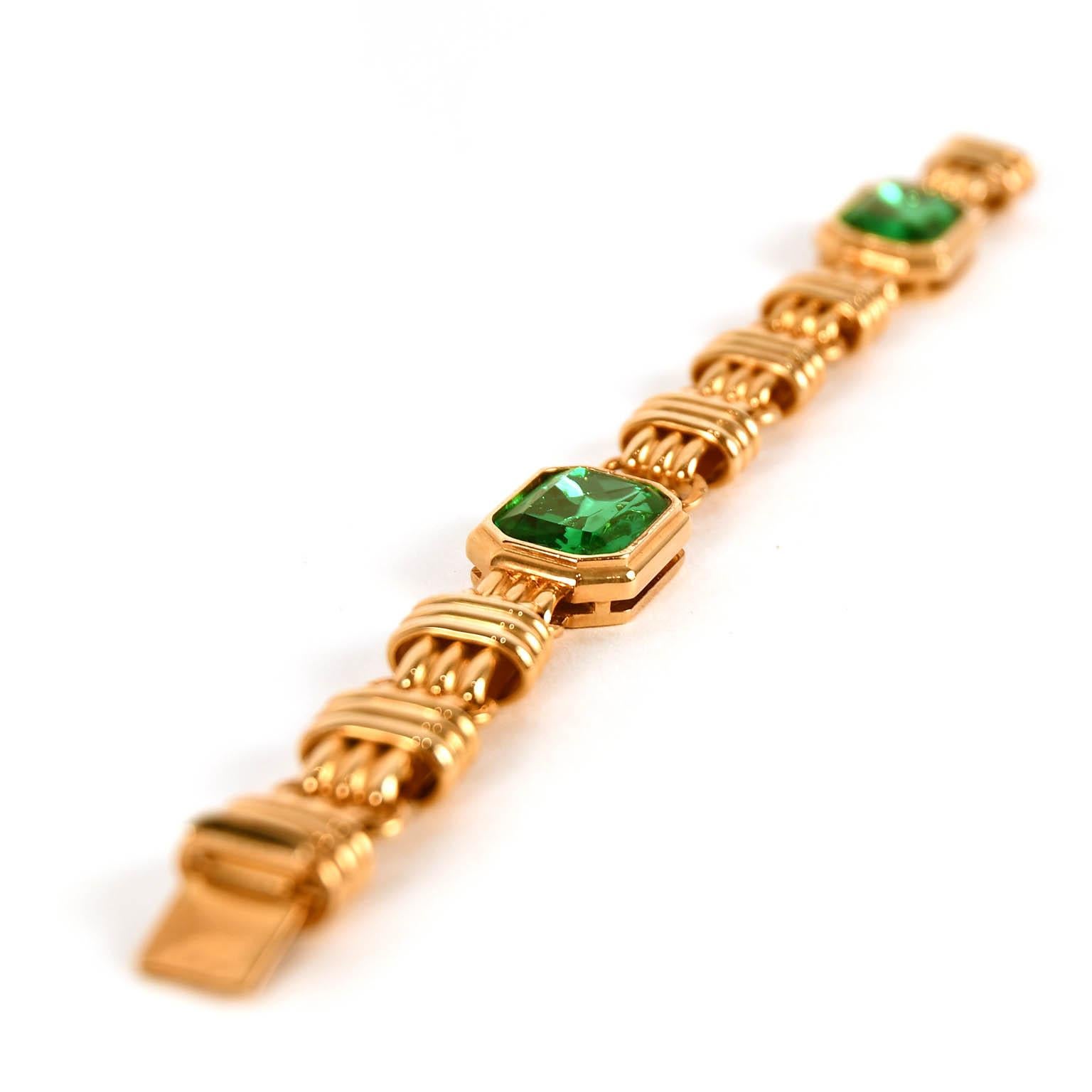 Italian Traveller Bijoux Cascio 1970s Gold Plated Green Strass Gilted Bracelet, Italy