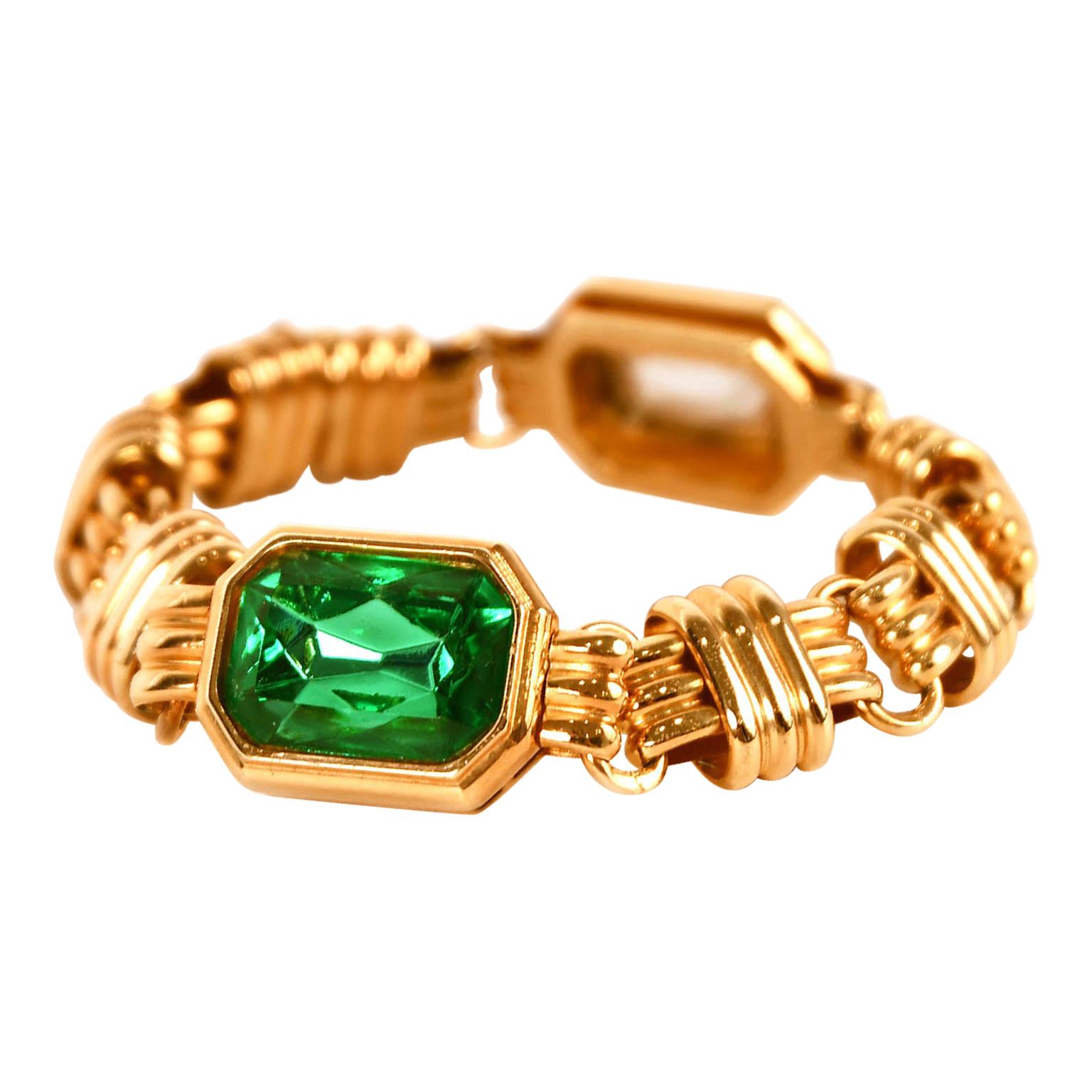 Traveller Bijoux Cascio 1970s Gold Plated Green Strass Gilted Bracelet, Italy