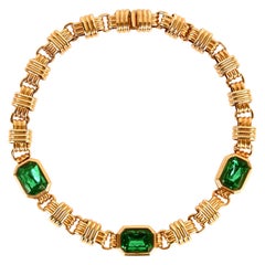 Vintage Traveller Bijoux Cascio 1970s Gold Plated Green Strass Gilted Necklace, Italy