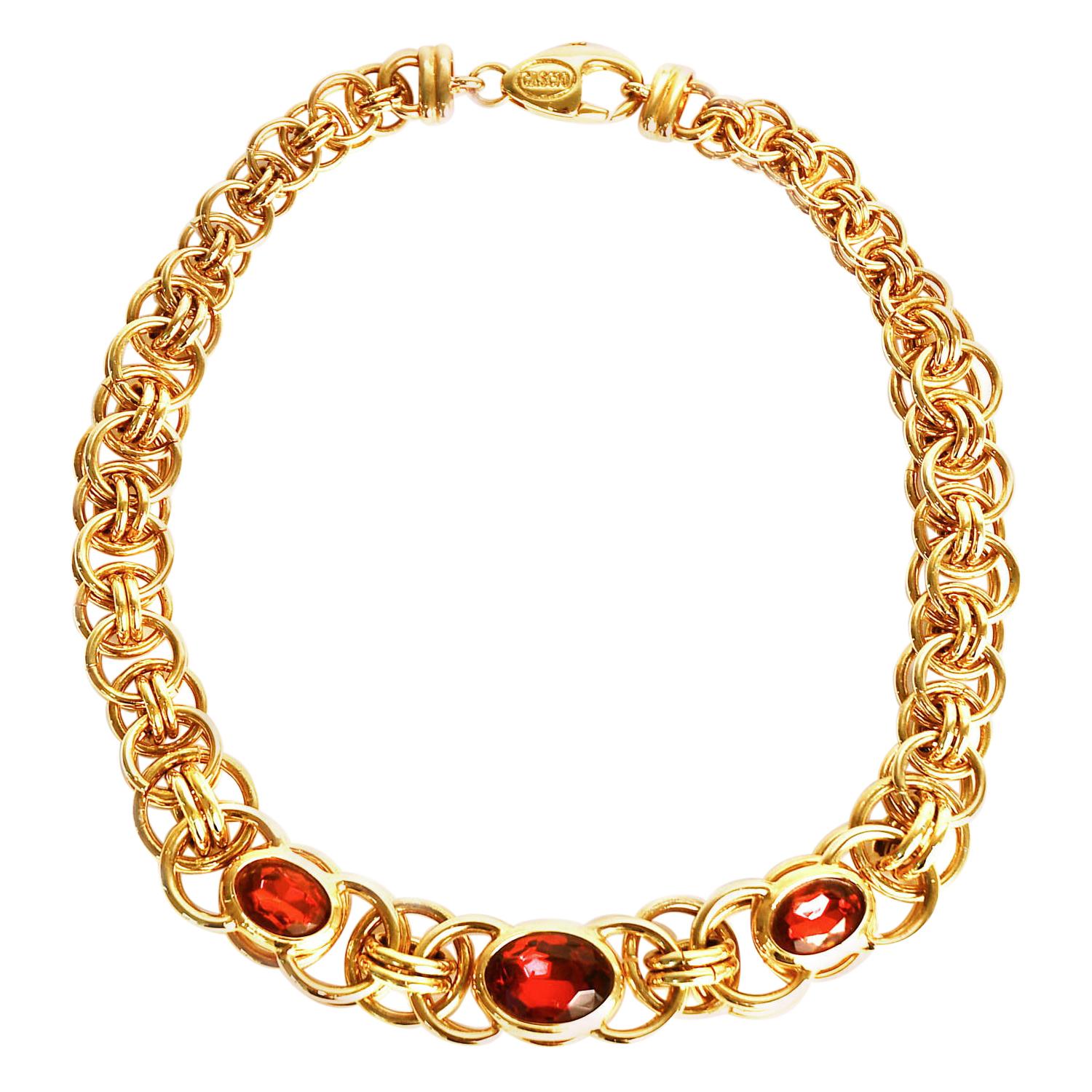 Traveller Bijoux Cascio 1970s Gold Plated Red Strass Gilted Necklace, Italy