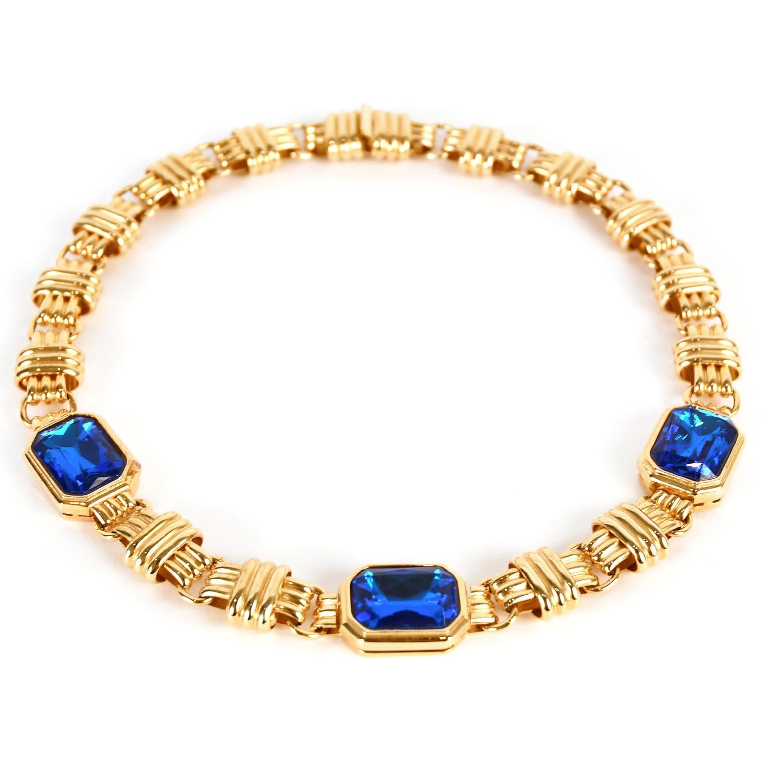 Mid-Century Modern Traveller Bijoux Cascio 1970s Gold Plated with Blue Strass Gilted Necklace Italy
