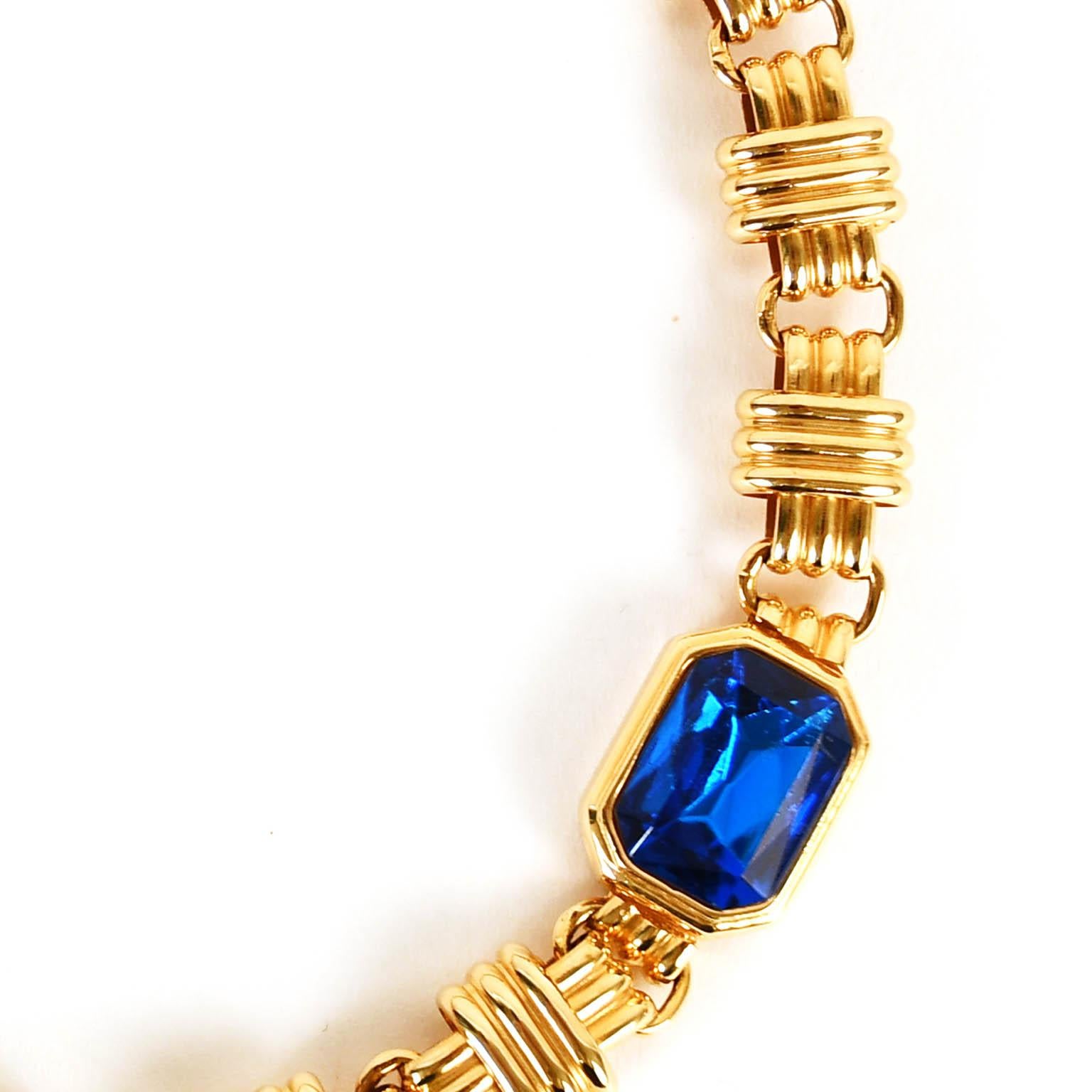 Italian Traveller Bijoux Cascio 1970s Gold Plated with Blue Strass Gilted Necklace Italy