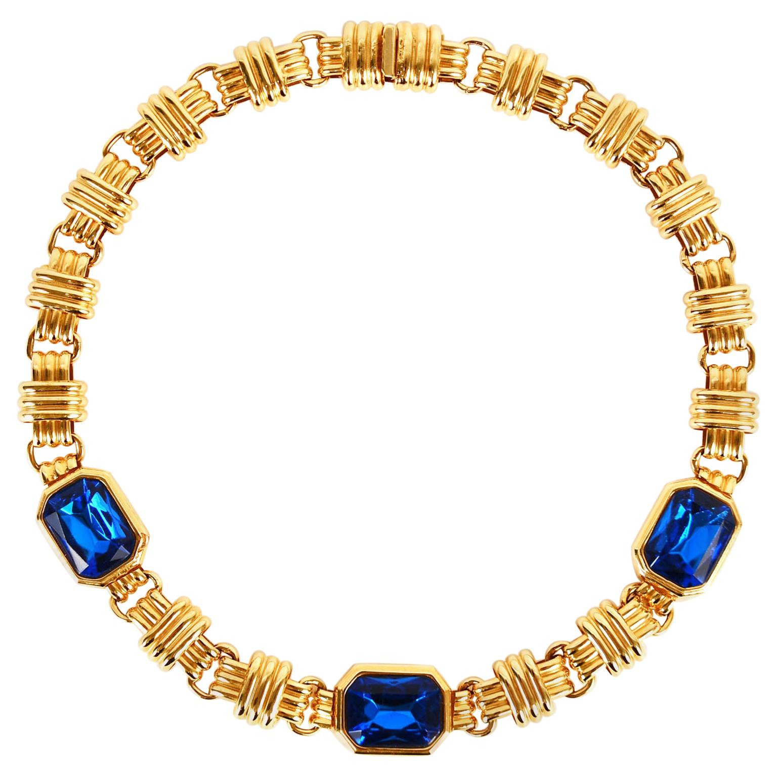 Traveller Bijoux Cascio 1970s Gold Plated with Blue Strass Gilted Necklace Italy