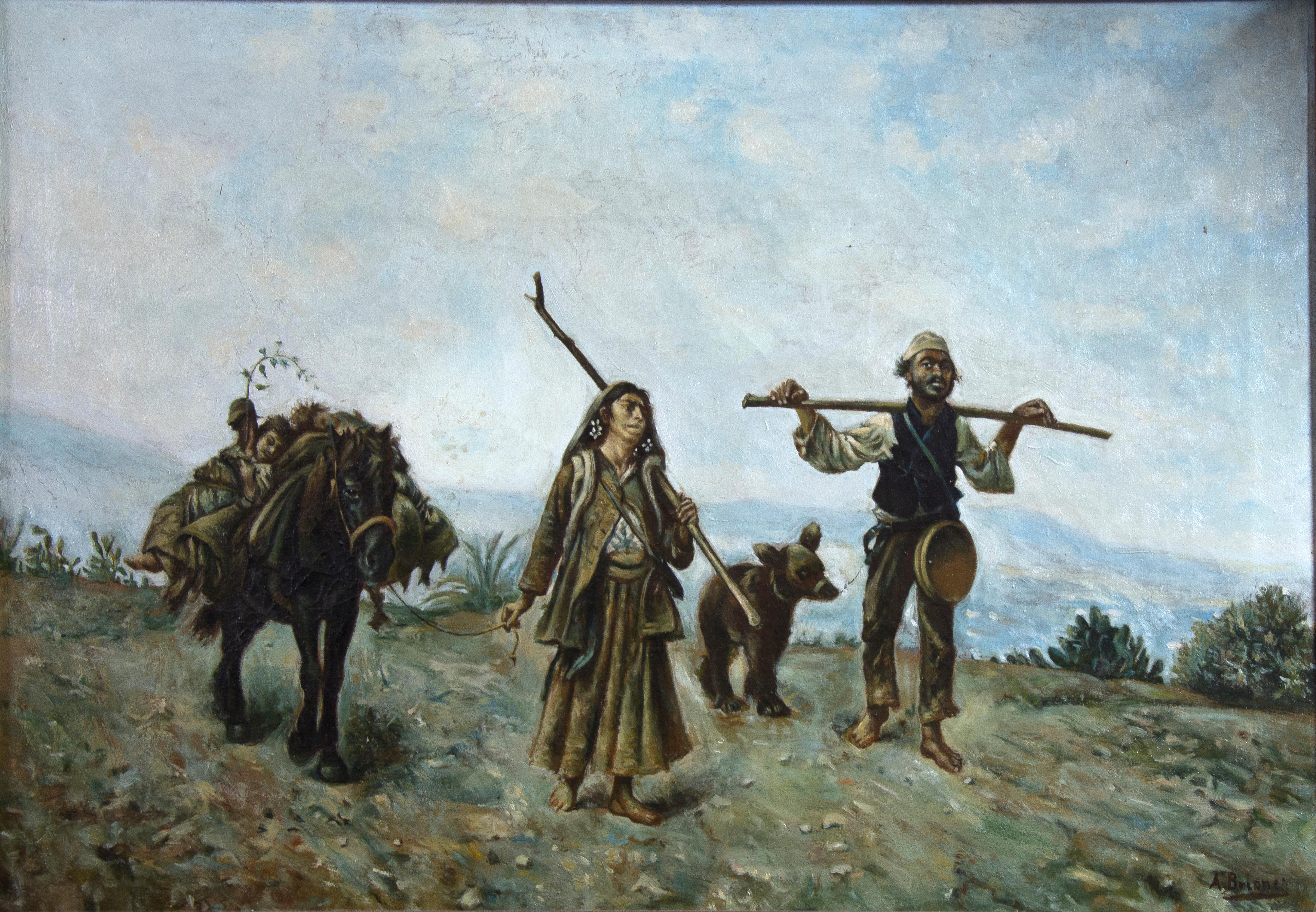 Oil on canvas showing a natural background landscape, barely sketched, to give prominence to the figures that are moving forward in the first term. The man, to the right, carries a cane on his shoulders and a series of elements, besides being
