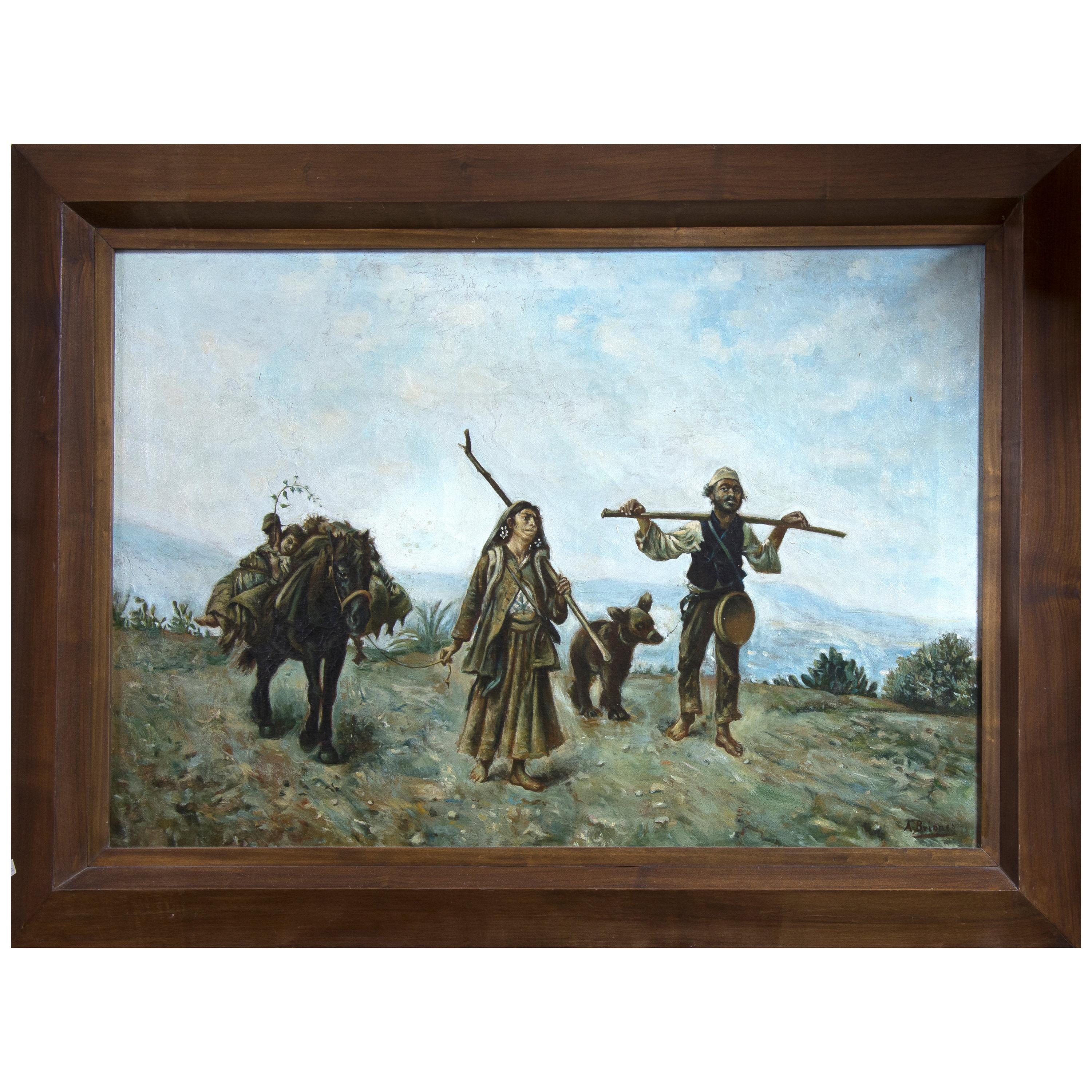 "Travellers" Oil on Canvas, Signed "a. Briones", 20th Century