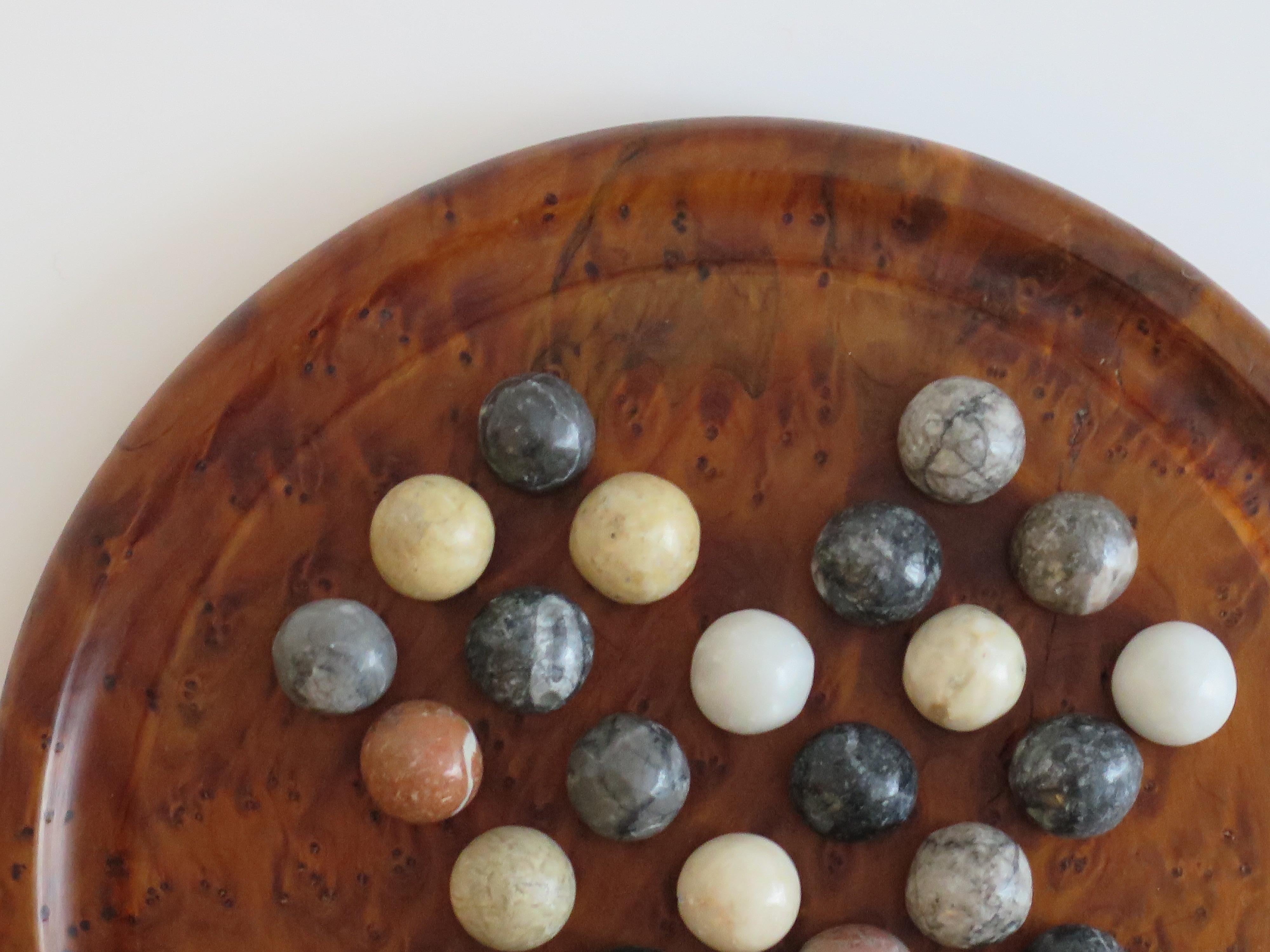 Marble Solitaire Game with hardwood board and 33 agate stone Marbles, Circa 1925 For Sale 4