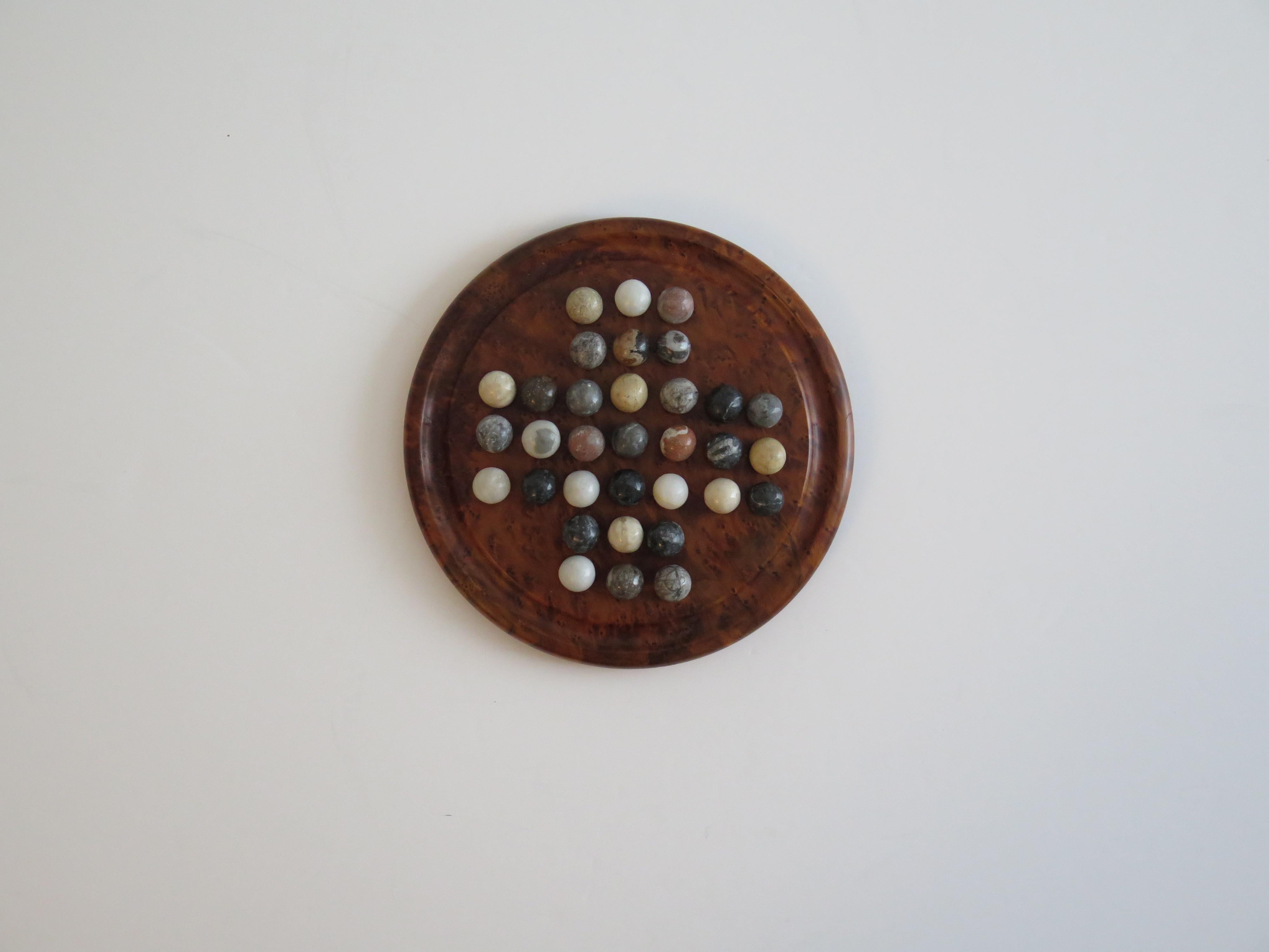 Art Deco Marble Solitaire Game with hardwood board and 33 agate stone Marbles, Circa 1925 For Sale