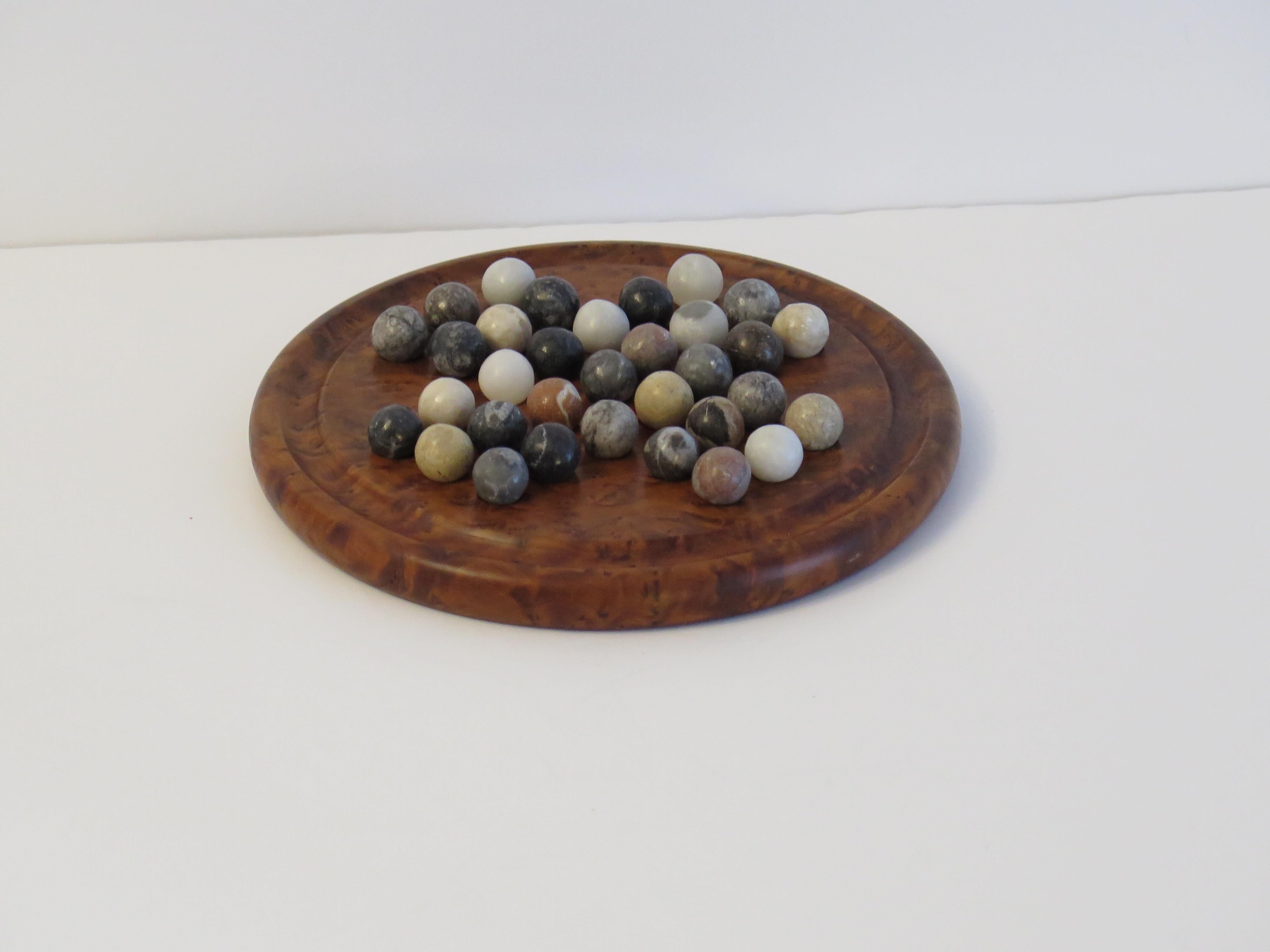 Hand-Crafted Marble Solitaire Game with hardwood board and 33 agate stone Marbles, Circa 1925 For Sale