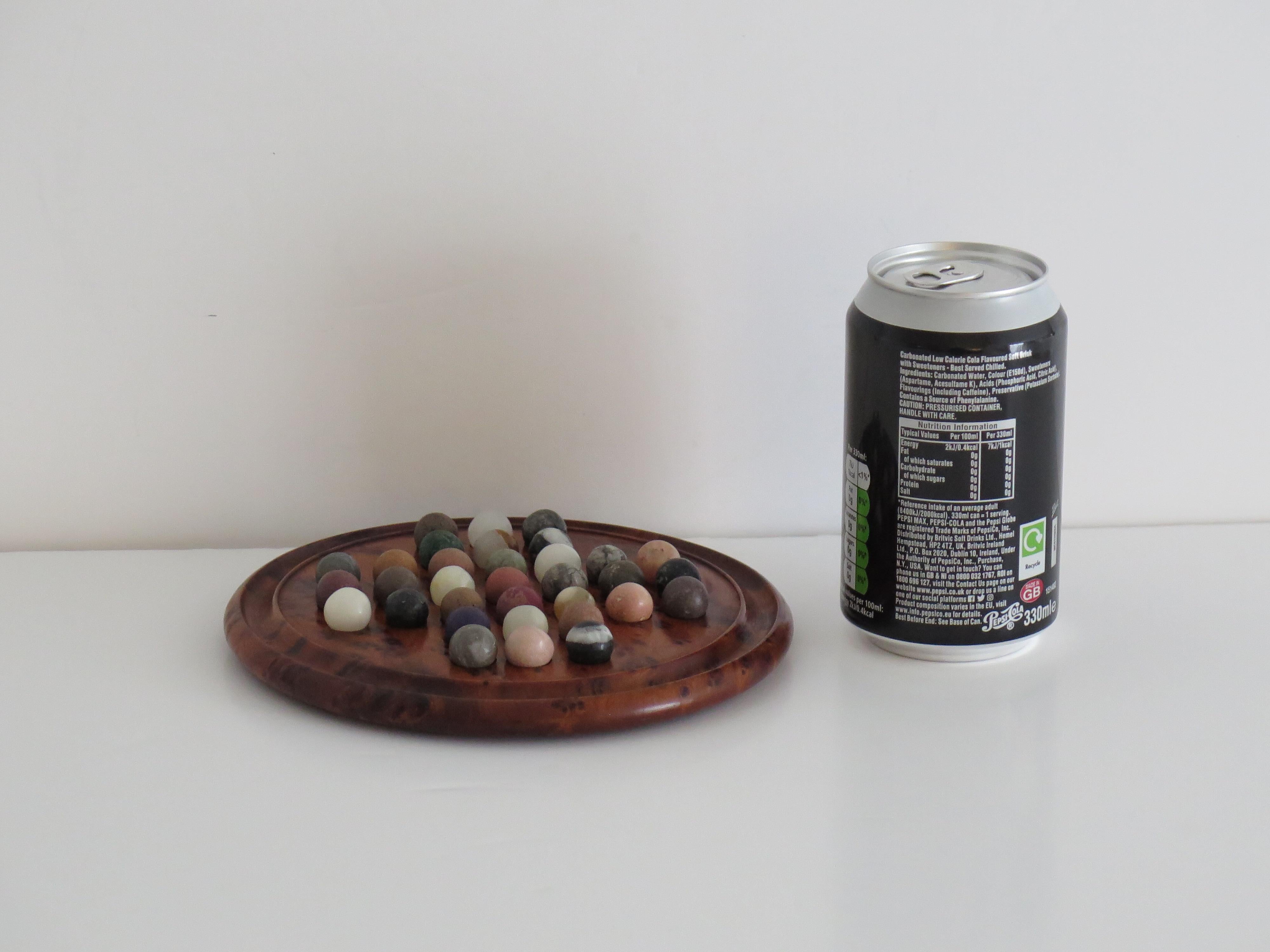Travelling Marble Solitaire Board Game with 33 early stone Marbles, circa 1920 9