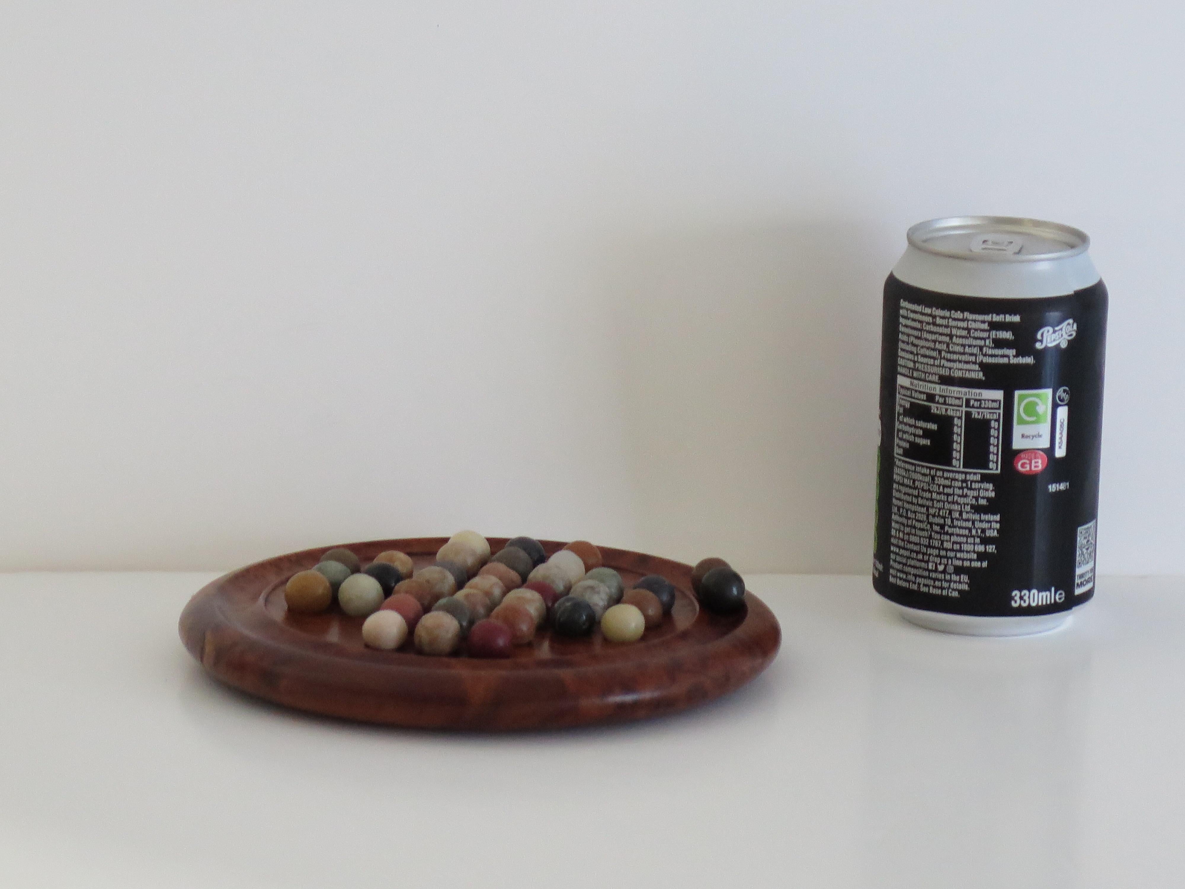 Travelling Marble Solitaire Board Game with 35 mixed stone Marbles, Circa 1930 For Sale 9