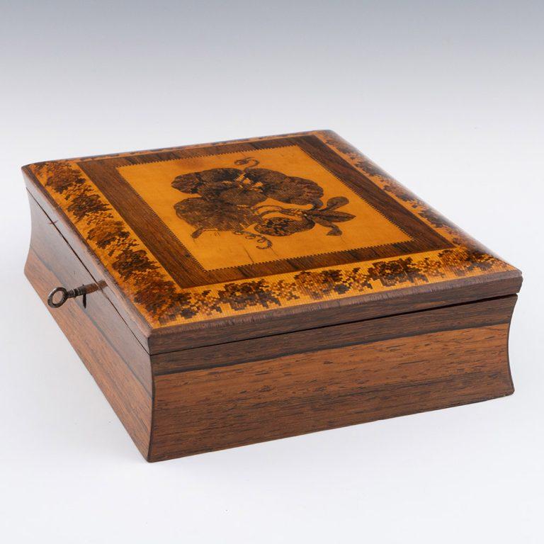 British Travelling Tunbridge Ware Writing Slope Edmund Nye c1860 For Sale