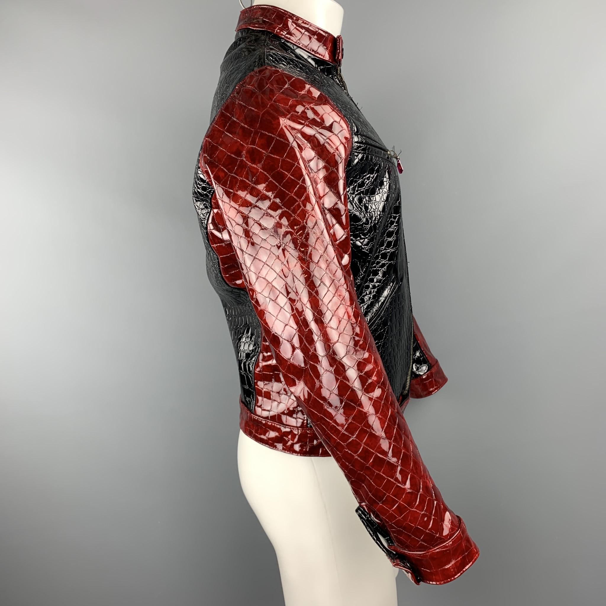 TRAVER RAINS Black & Burgundy Alligator Textured Vinyl Biker Jacket In Good Condition In San Francisco, CA