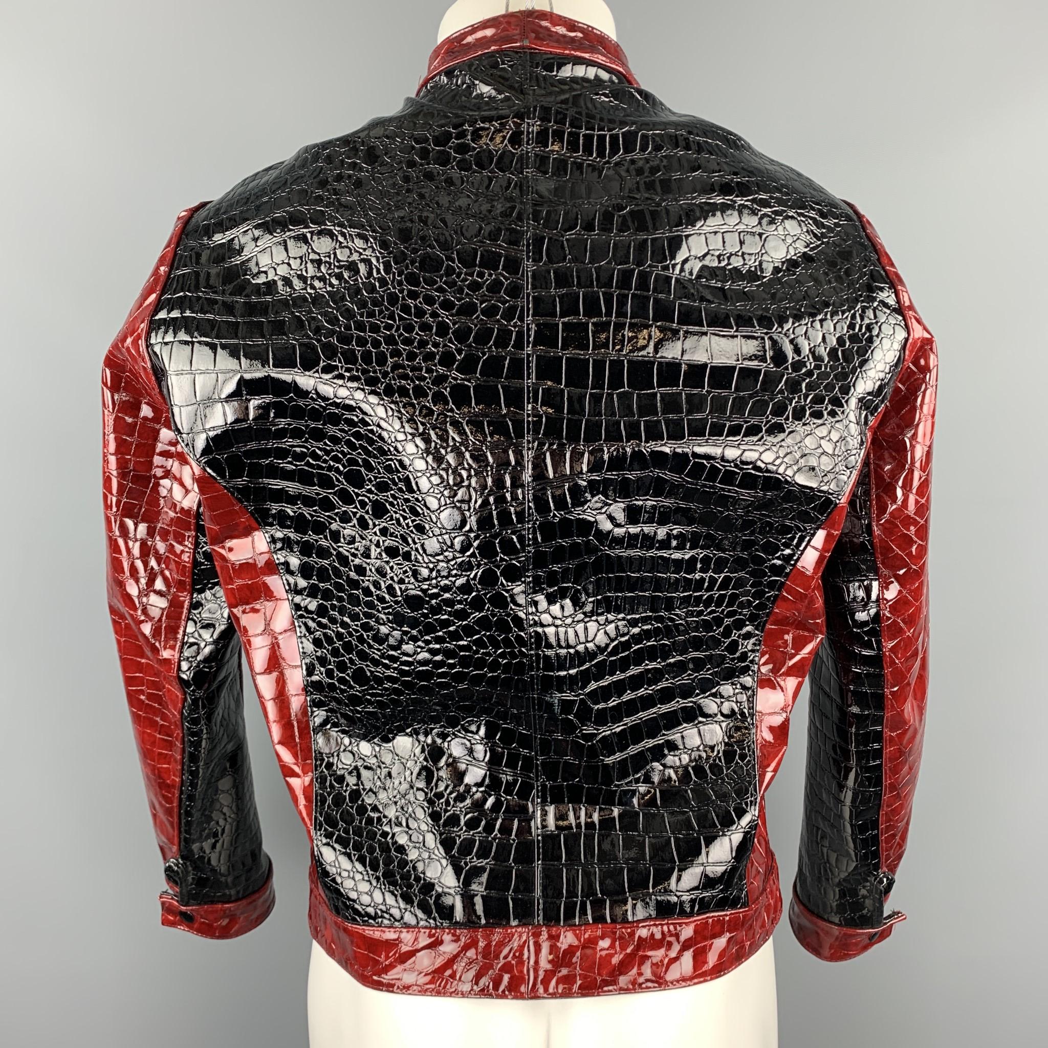 Men's TRAVER RAINS Black & Burgundy Alligator Textured Vinyl Biker Jacket