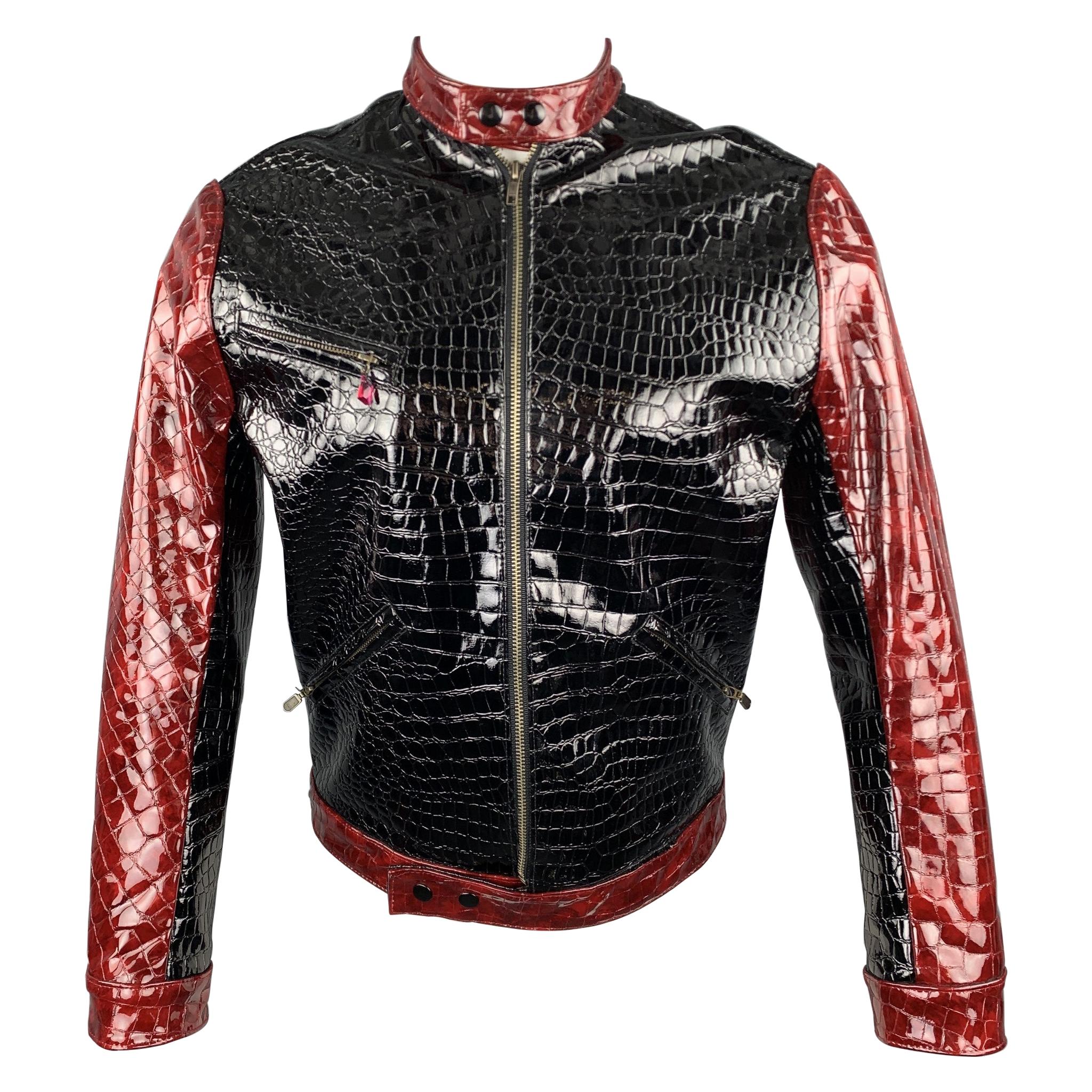TRAVER RAINS Black & Burgundy Alligator Textured Vinyl Biker Jacket