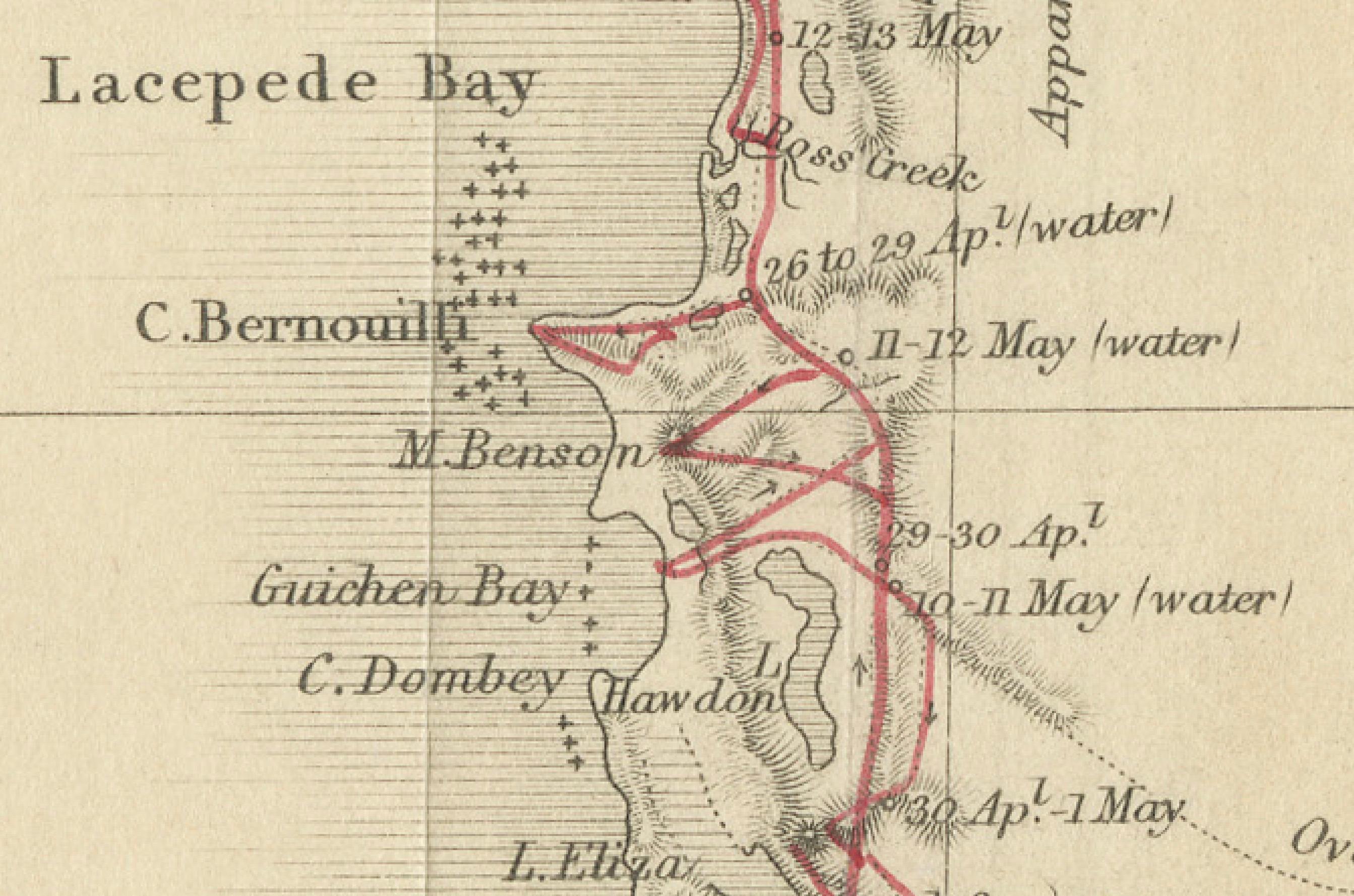 This is a historical document and part of a map and illustration from an expedition. The text indicates it is from South Australia to illustrate Governor G. Grey's Expedition in 1841. It includes detailed sketches of landscapes and geological