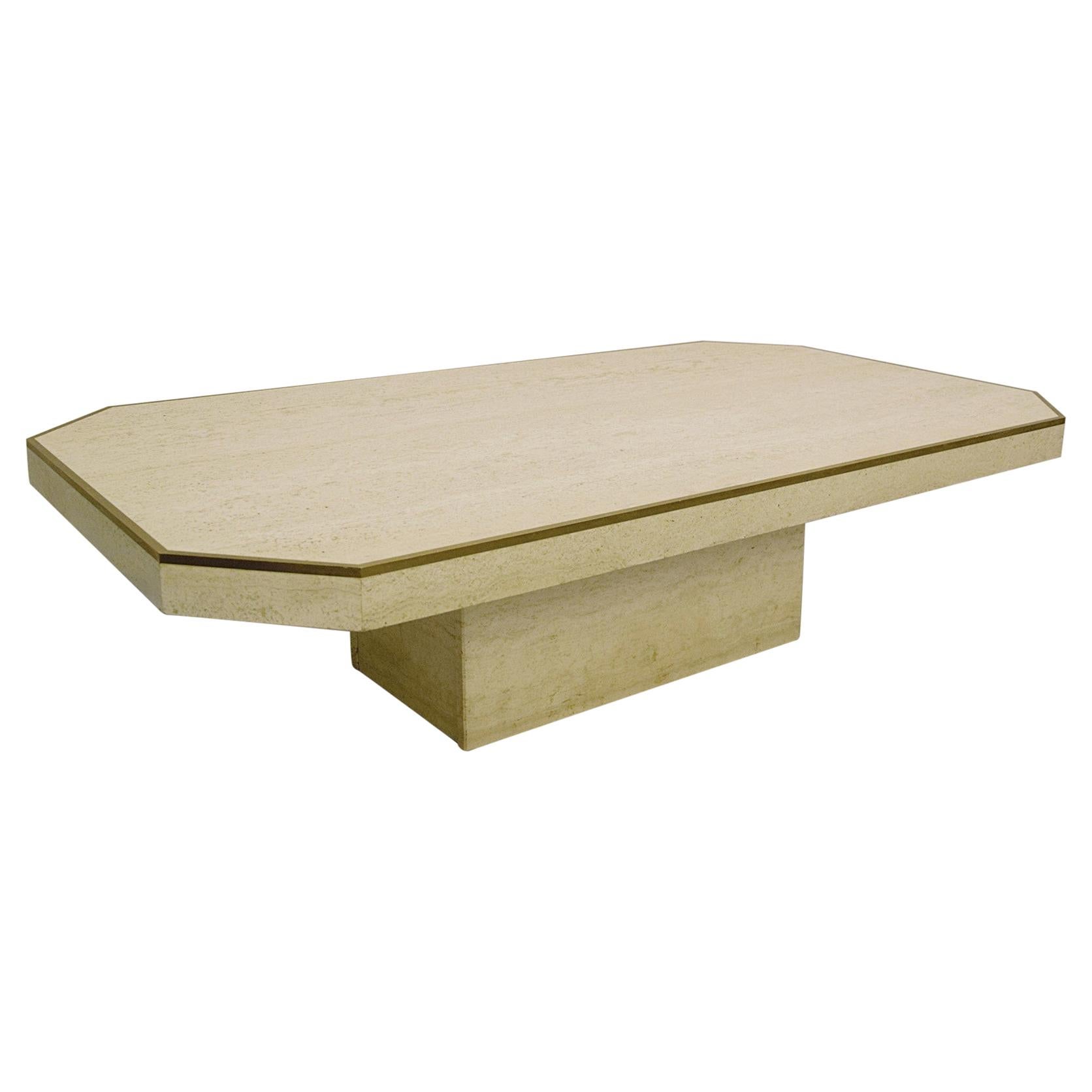 Travertin and Brass Coffee Table For Sale