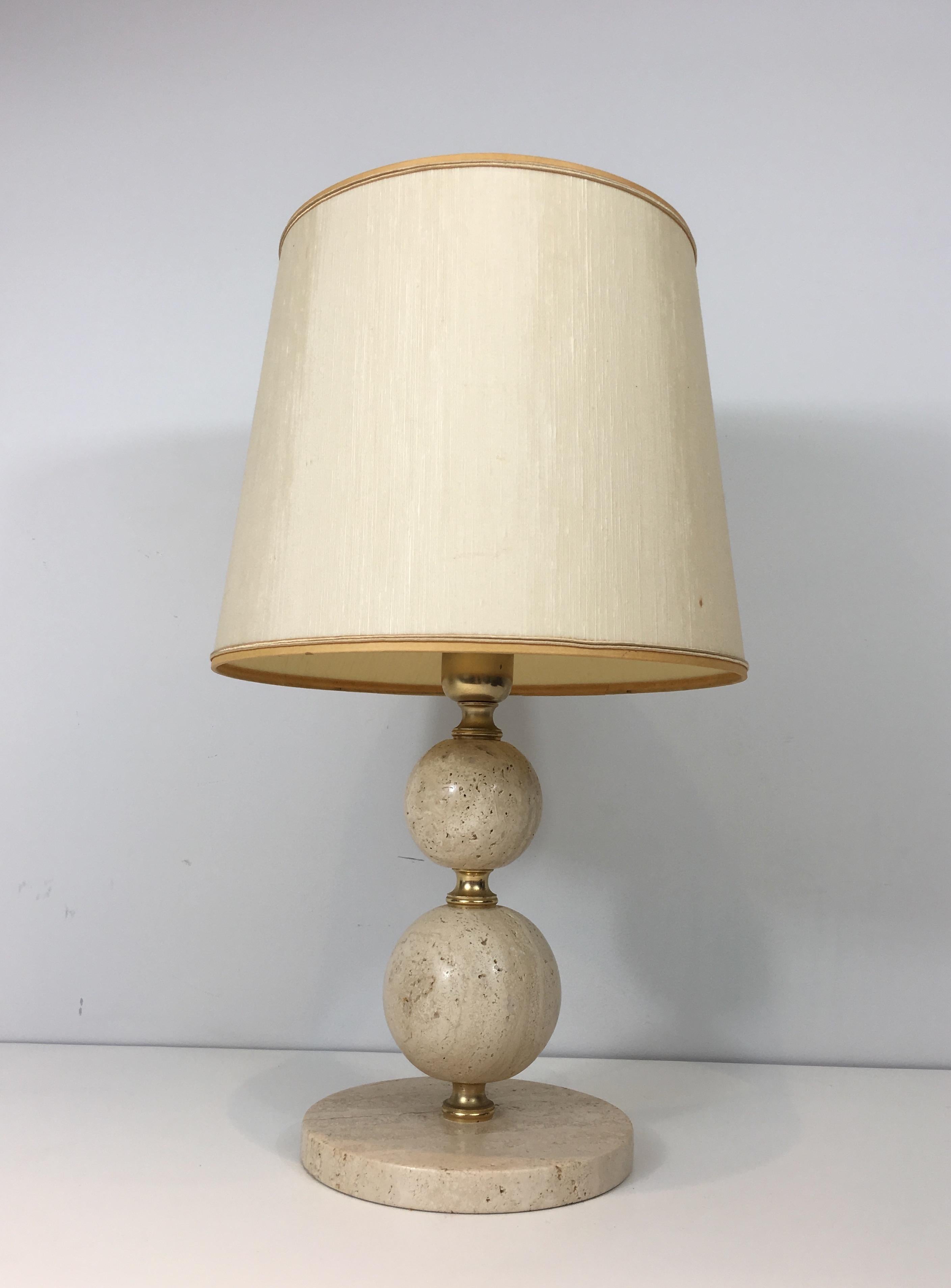French Travertin and Brass Table Lamp, circa 1970 For Sale