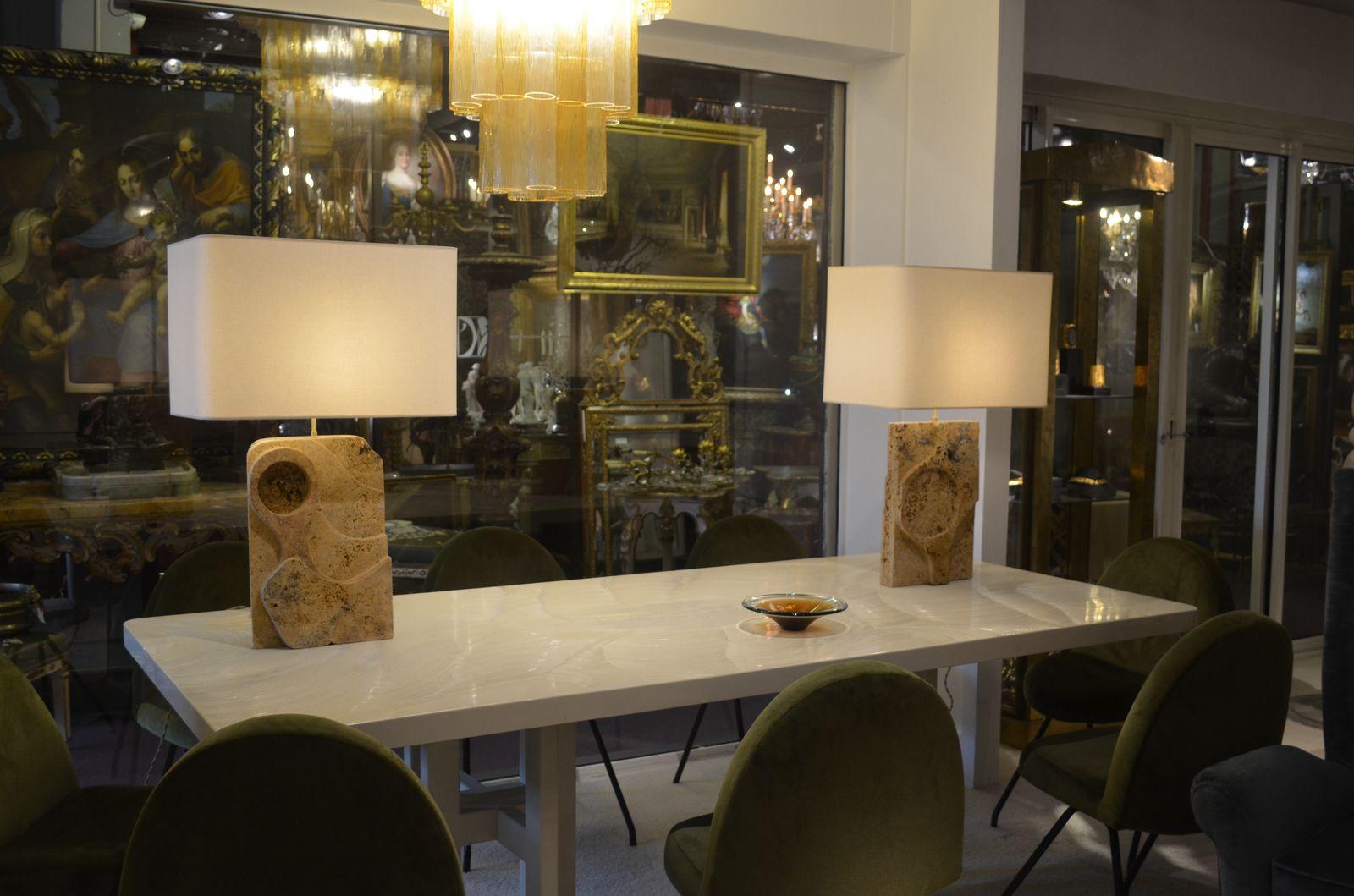 XXIe siècle et contemporain Lampe à poser en marbre de Travertin par Jean-Frédéric Bourdier, signée par l'artiste en vente