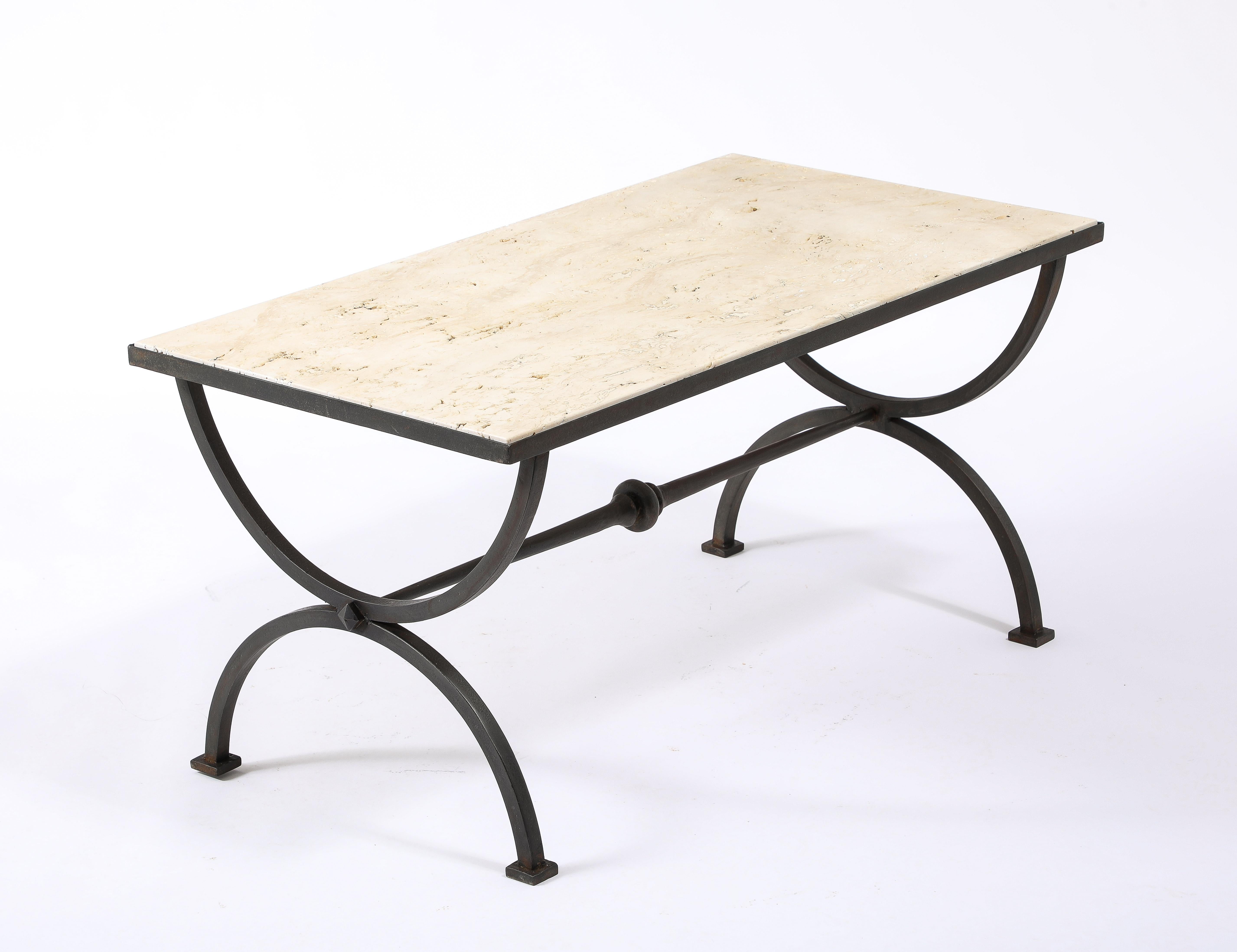 Travertin Marble & Wrought Iron Coffee Table, France 1940's For Sale 5