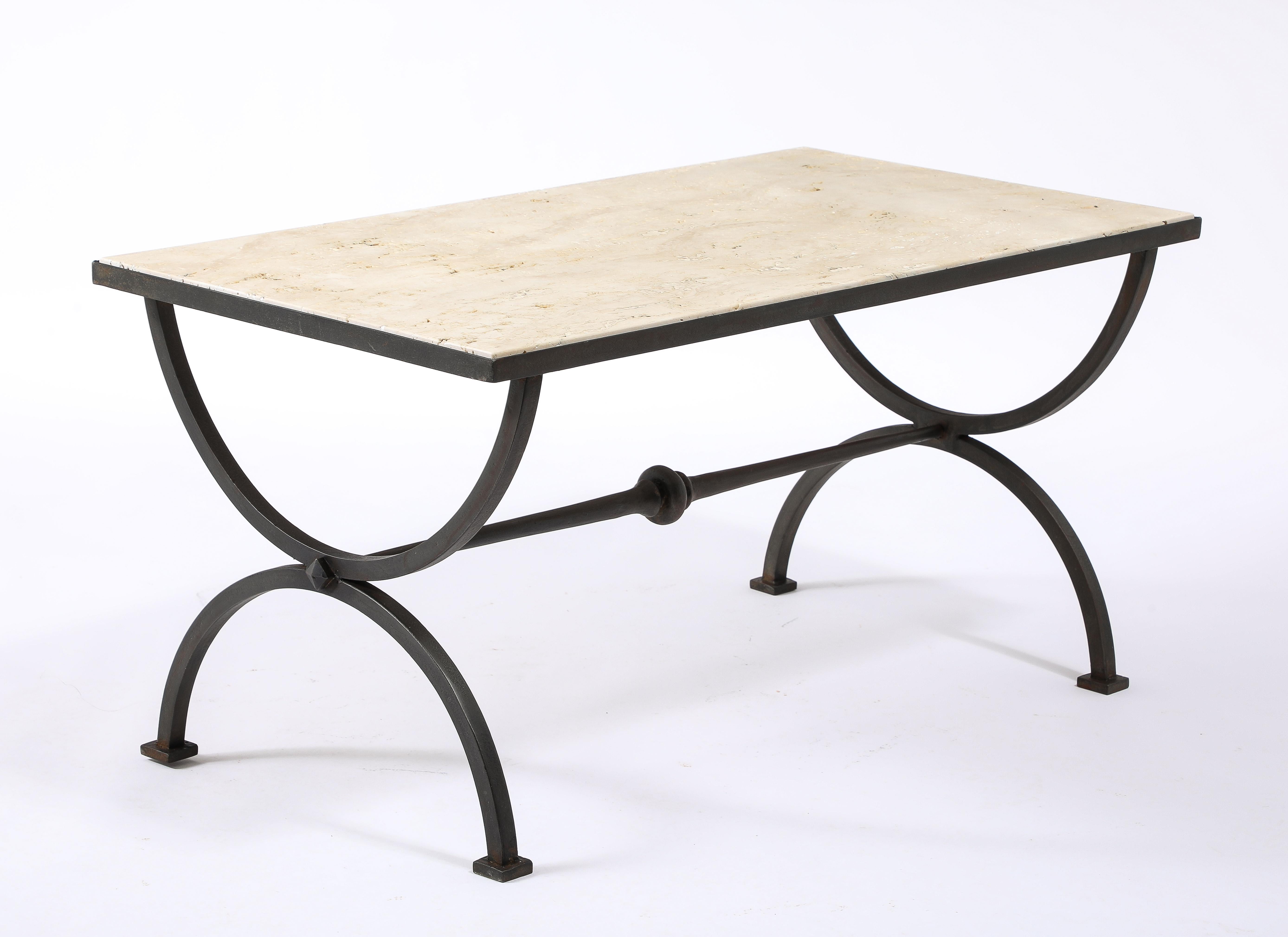 Travertin Marble & Wrought Iron Coffee Table, France 1940's For Sale 6