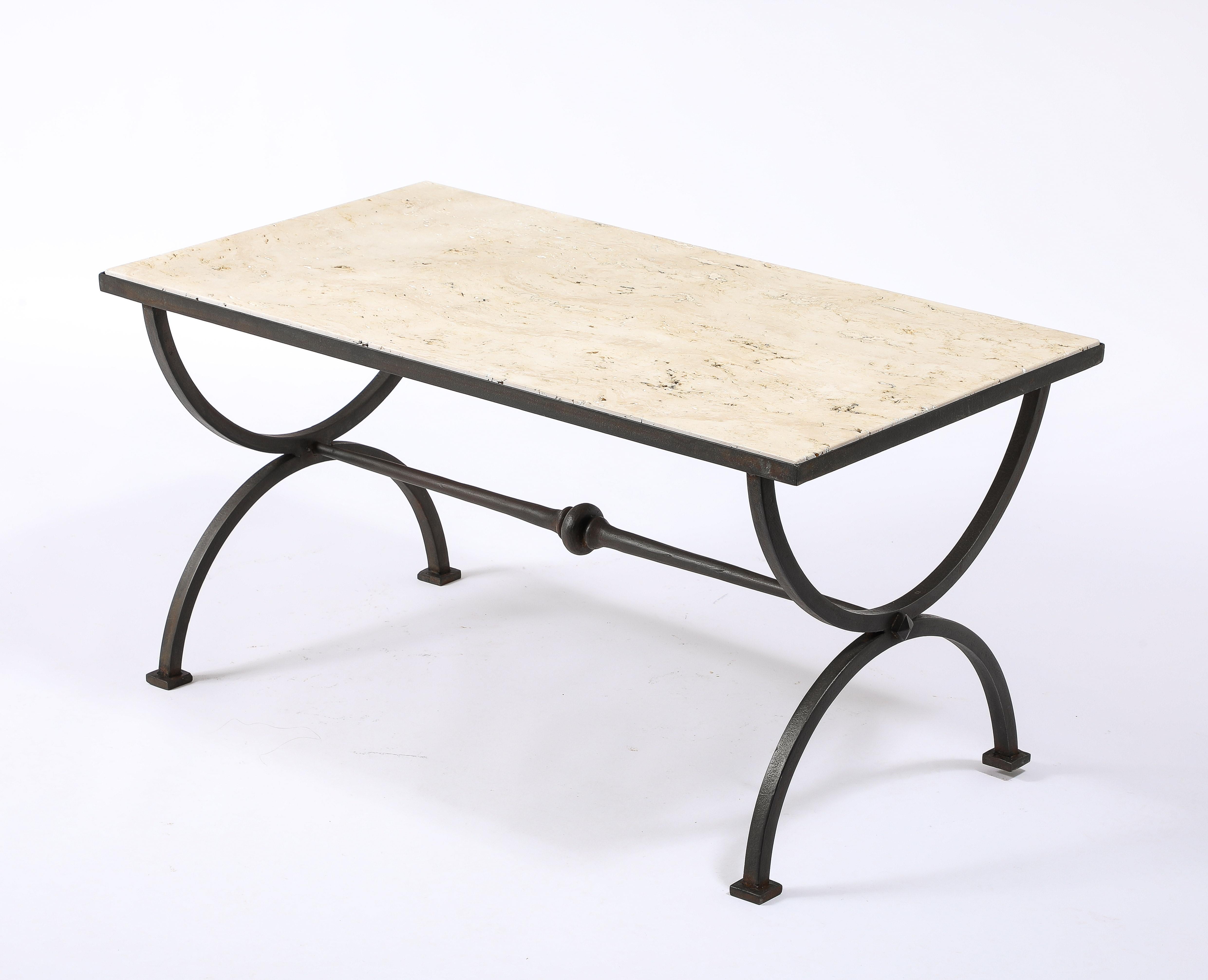 Art Deco Travertin Marble & Wrought Iron Coffee Table, France 1940's For Sale