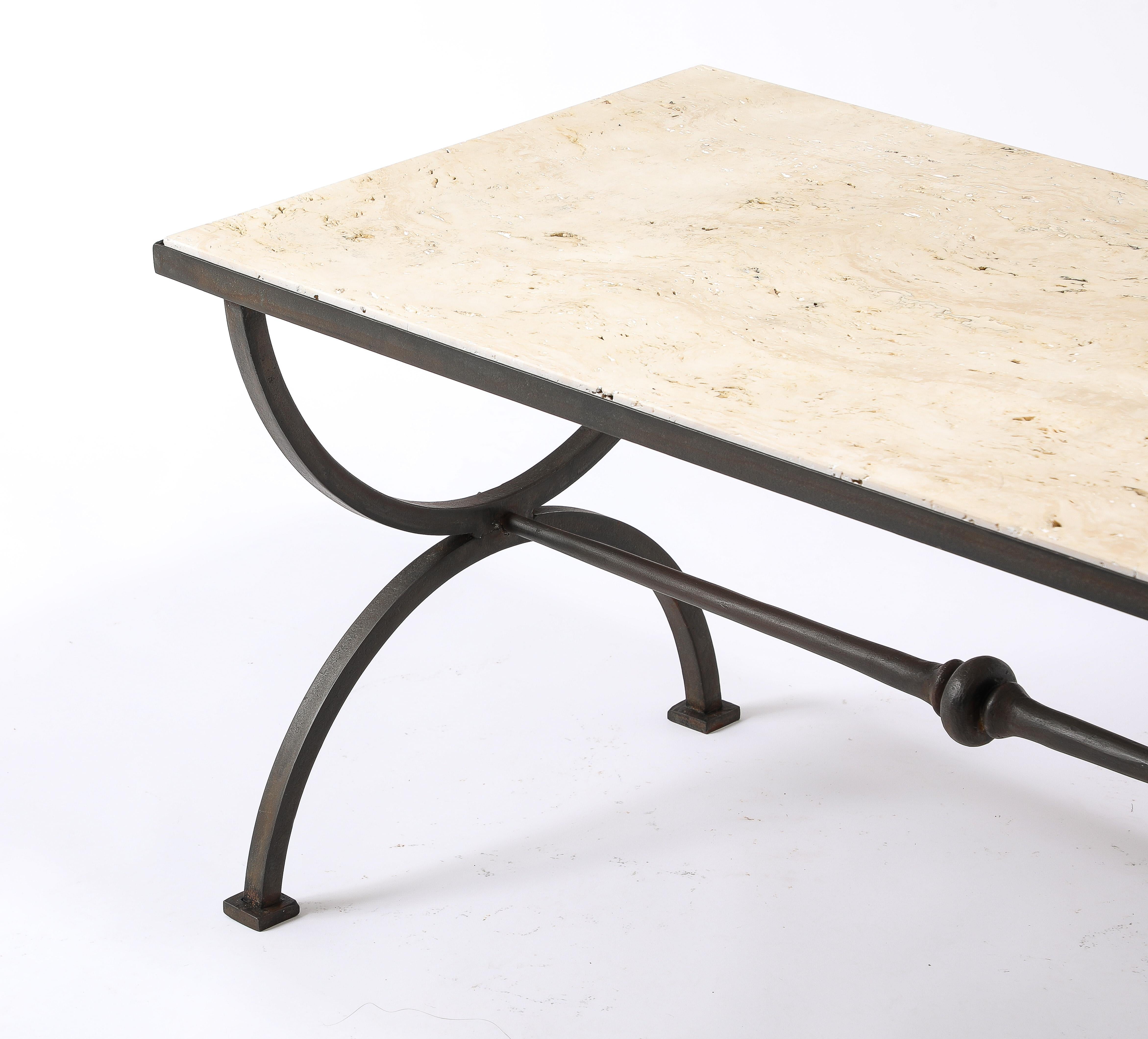 French Travertin Marble & Wrought Iron Coffee Table, France 1940's For Sale