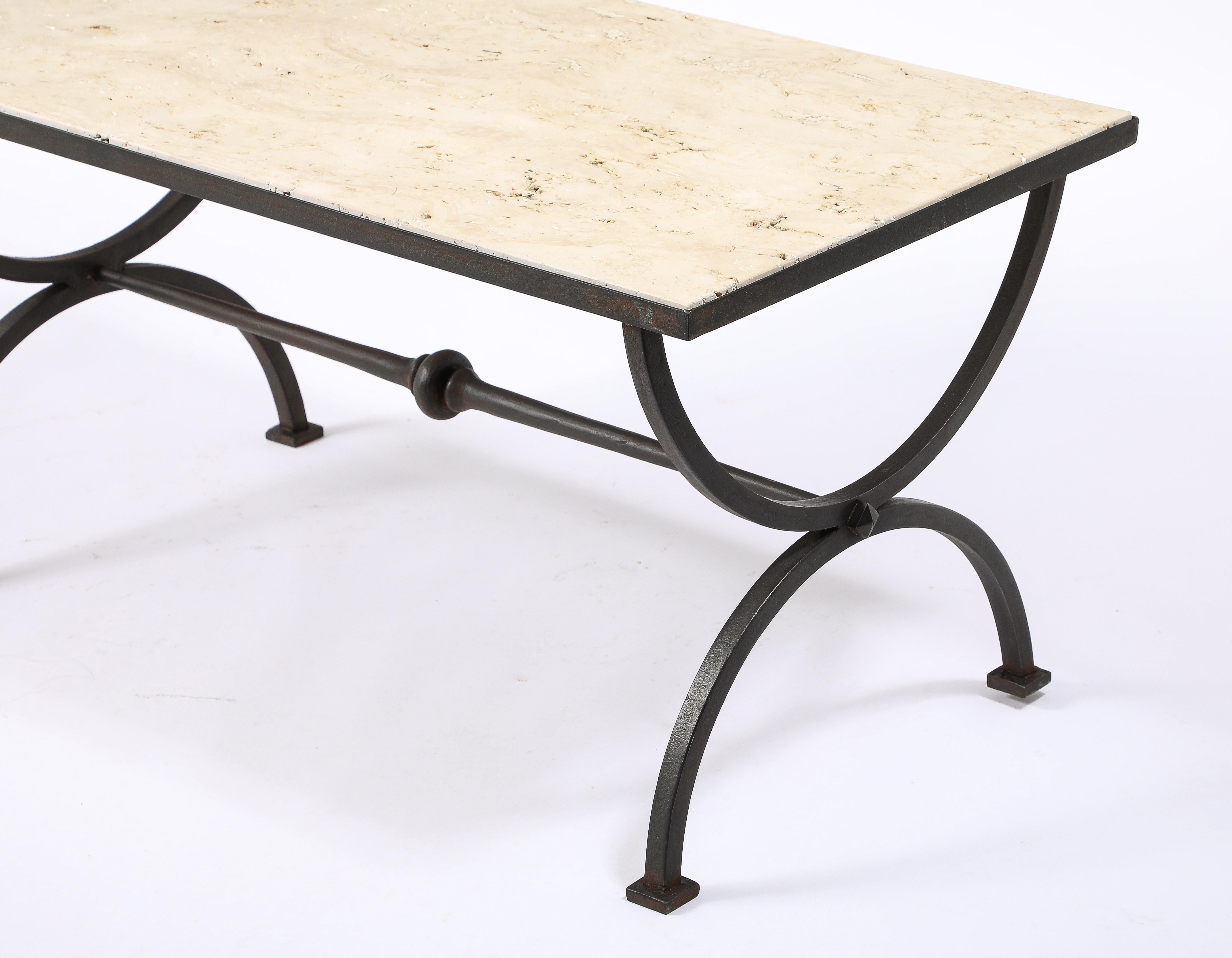 Travertin Marble & Wrought Iron Coffee Table, France 1940's In Good Condition For Sale In New York, NY
