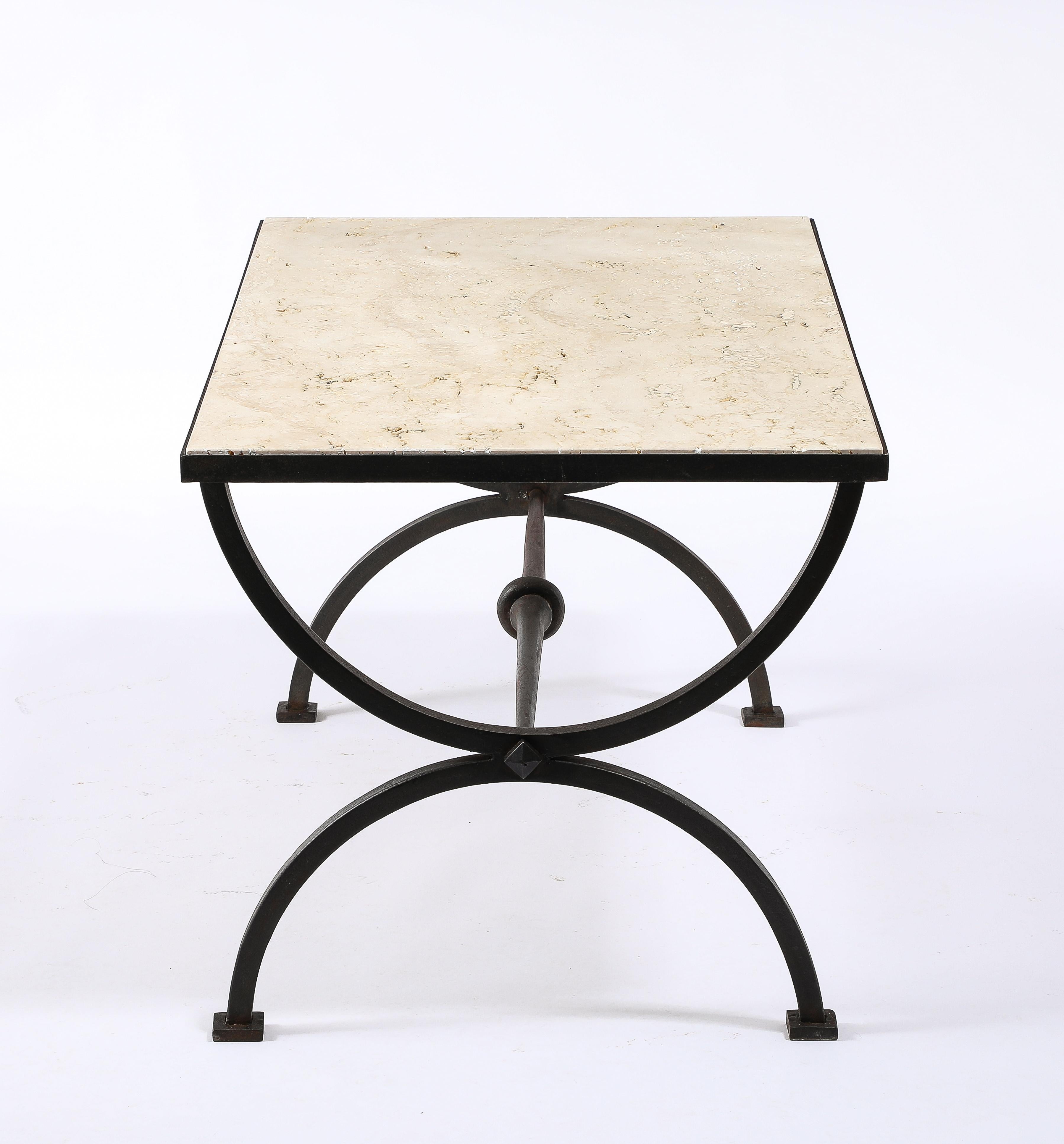 Travertin Marble & Wrought Iron Coffee Table, France 1940's For Sale 1