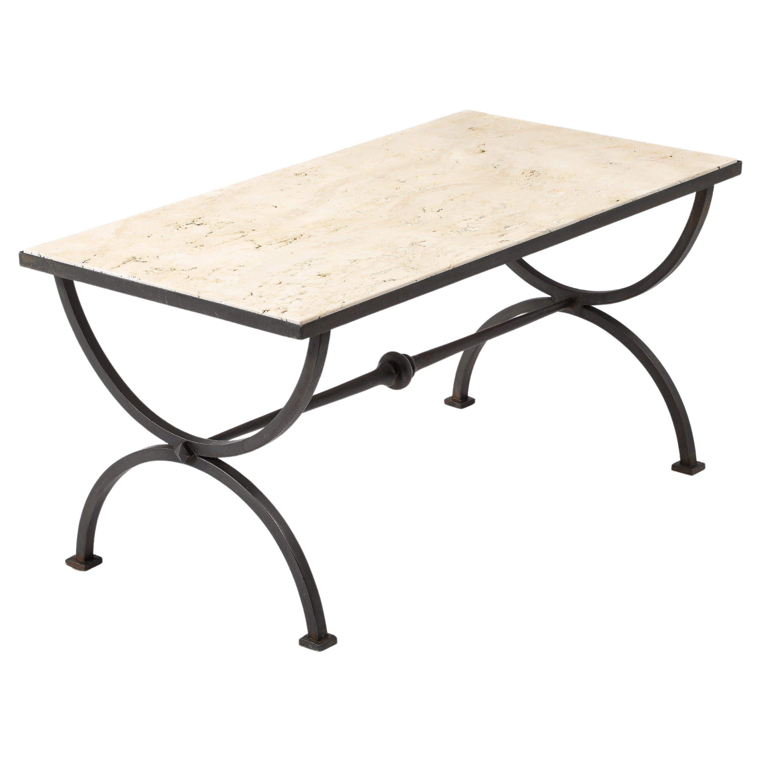 Travertin Marble & Wrought Iron Coffee Table, France 1940's For Sale