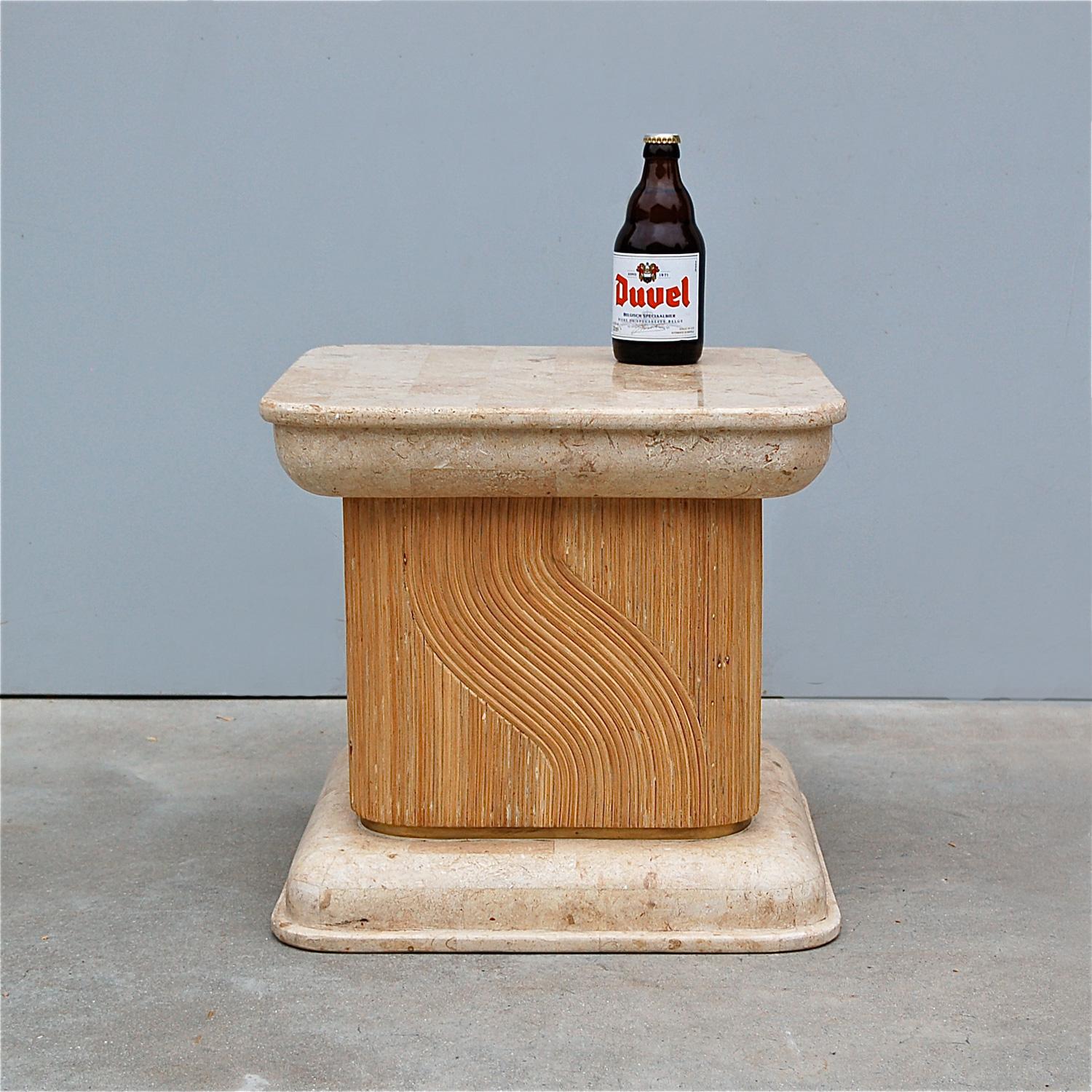 Late 20th century, Italian square travertine side table. Each side is decorated with bamboo in a straight and wavy stripe pattern with a brass trim at the base.