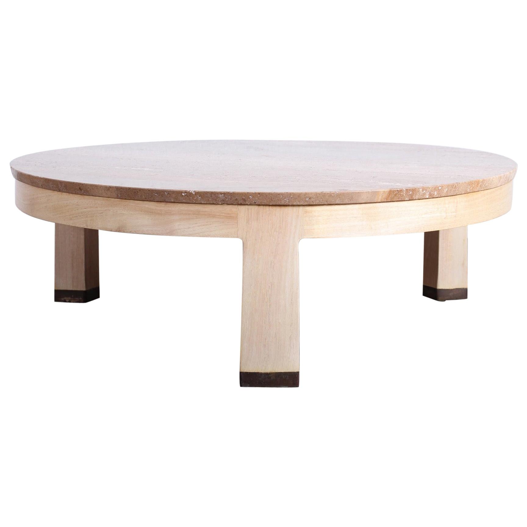 Travertine and Bleached Mahogany Coffee Table by Edward Wormley for Dunbar