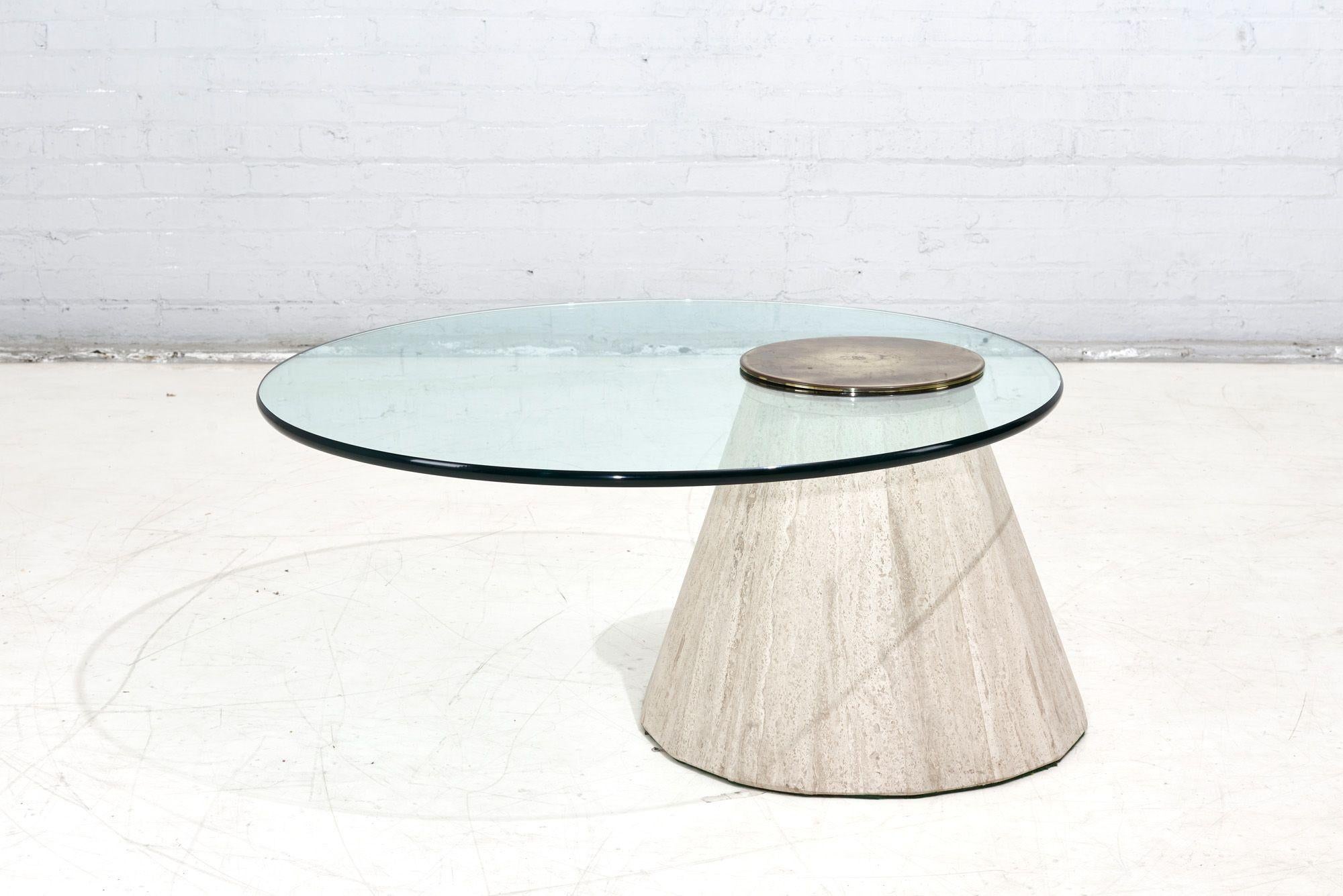 Travertine and brass Cantilevered coffee table by La Rosa, 1960. Brass patina cap has beautiful patina.