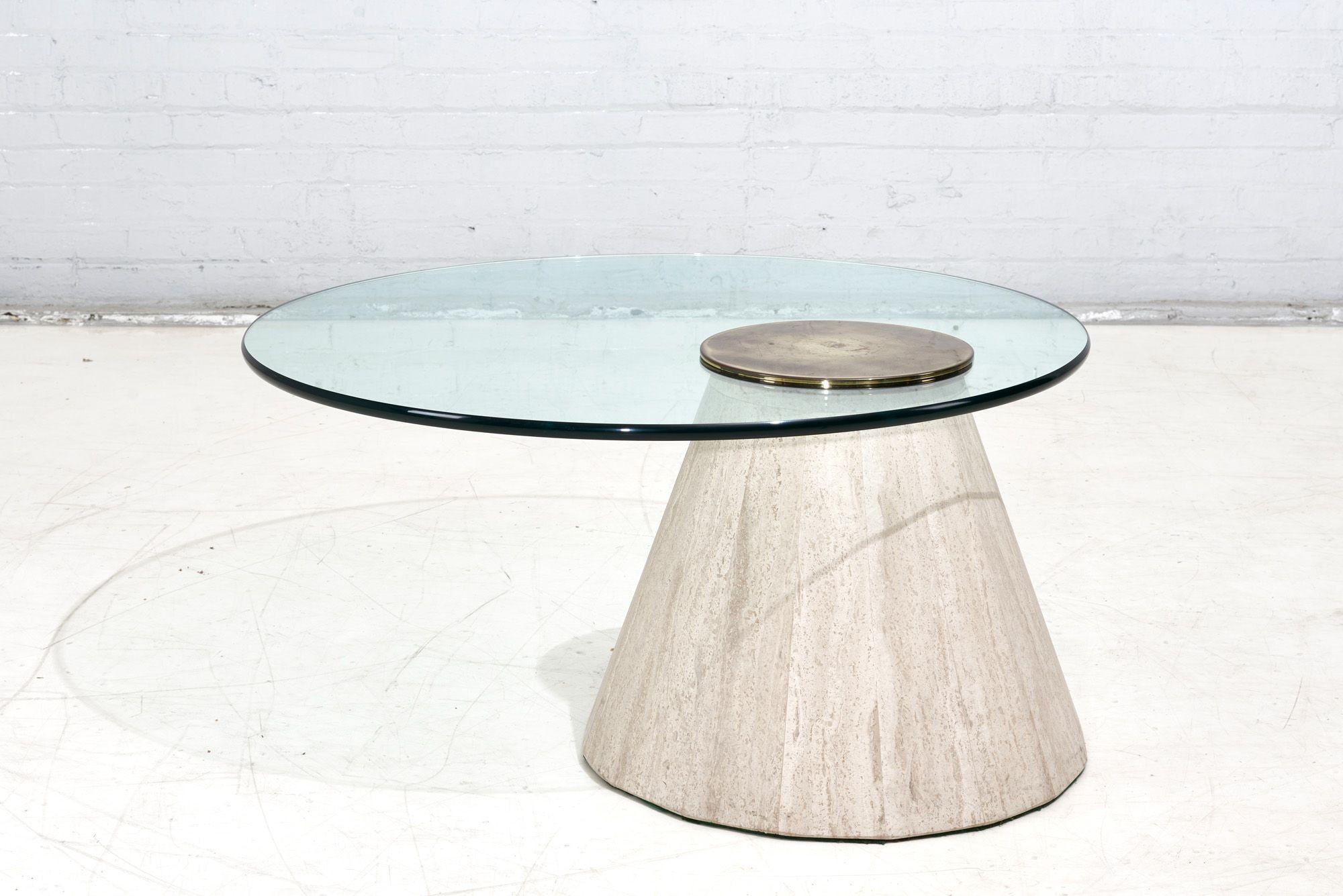 Italian Travertine and Brass Cantilevered Coffee Table by La Rosa, Italy 1960