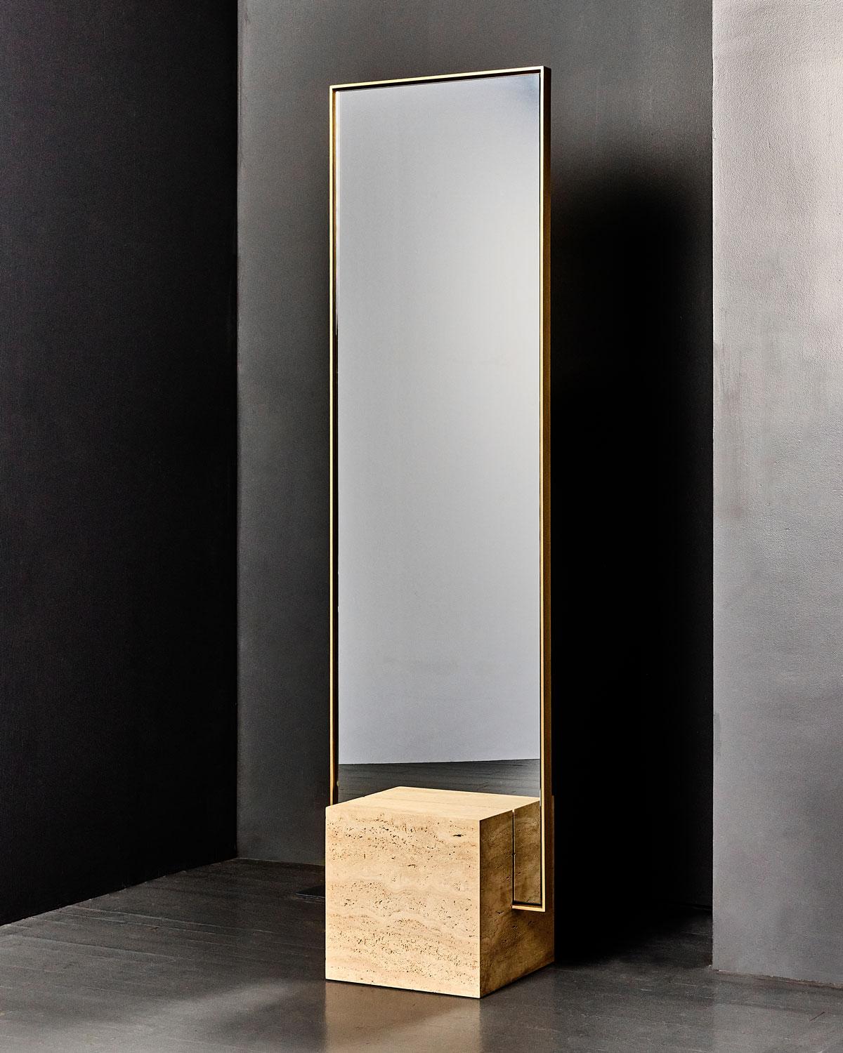 American Travertine and Brass Coexist Standing Mirror by Slash Objects For Sale